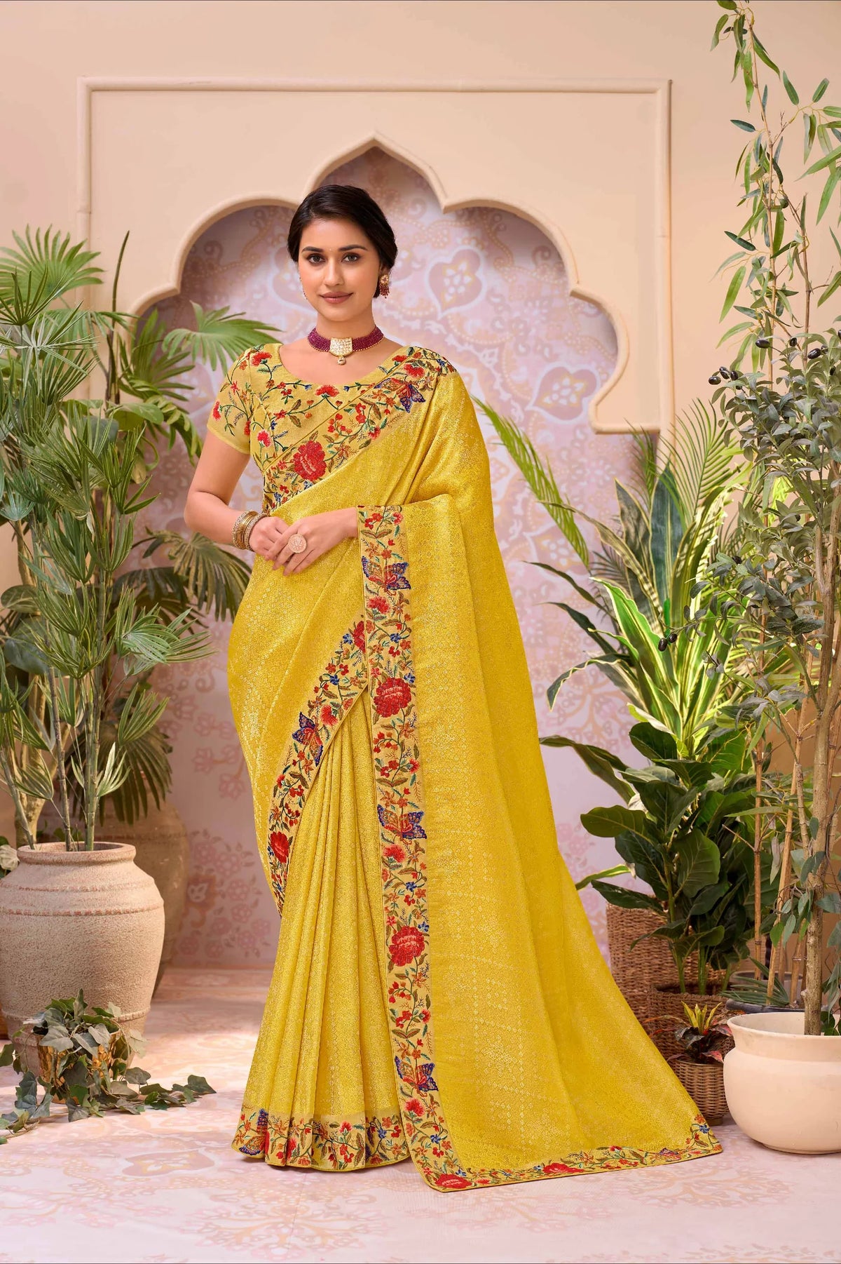 Laxmipati Aarzoo Yellow Chiffon Embroidered Saree
