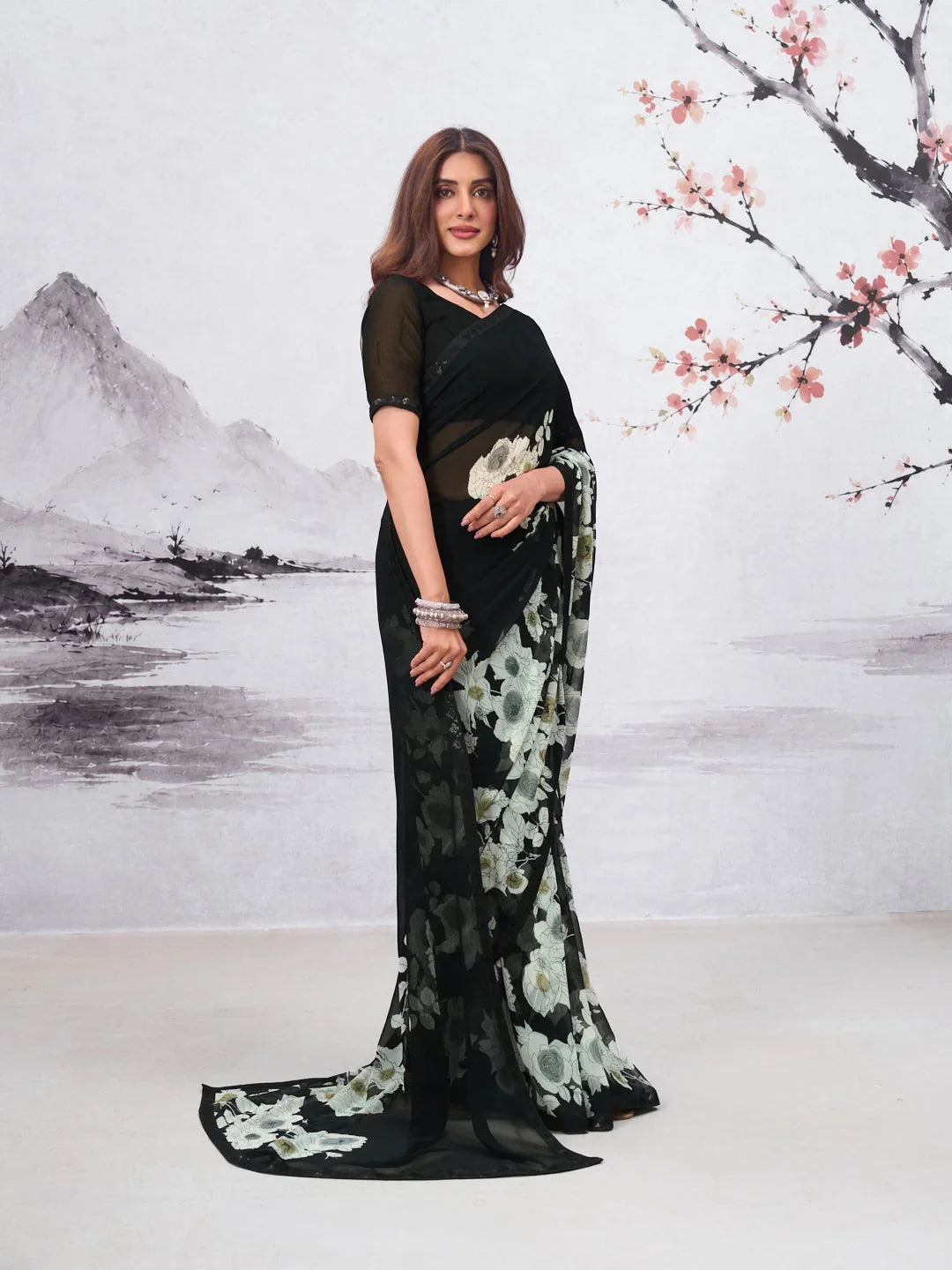 Laxmipati Hasinaa Black Georgette Floral Printed Saree