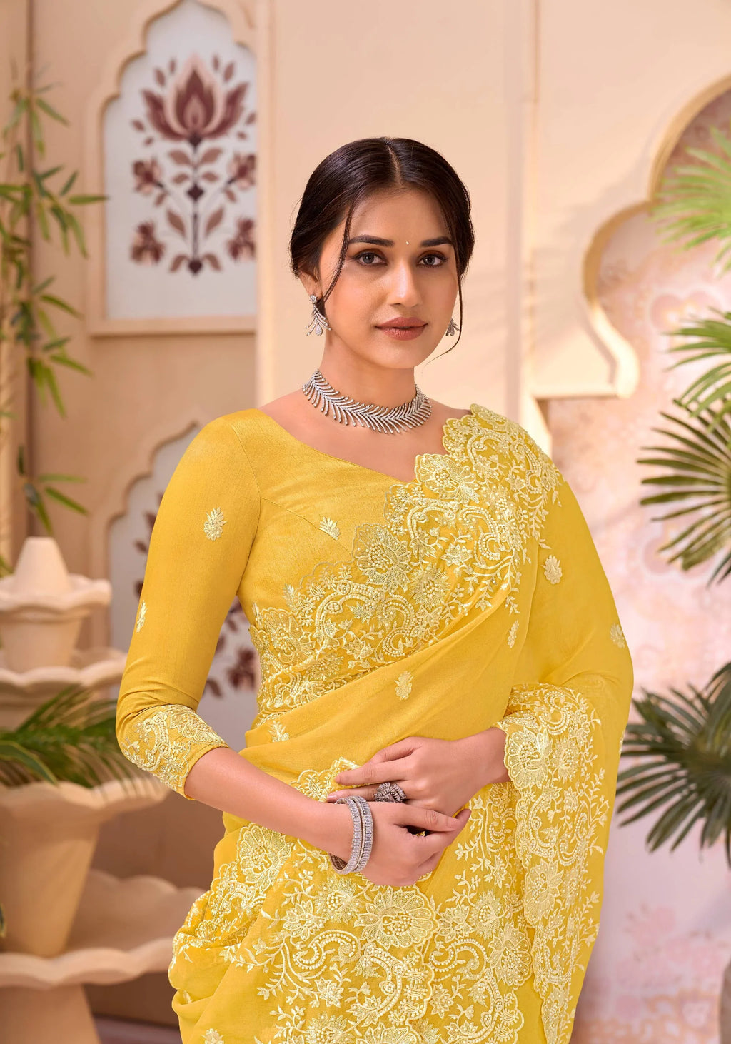 Laxmipati Aarzoo Yellow Chiffon Embroidered Saree