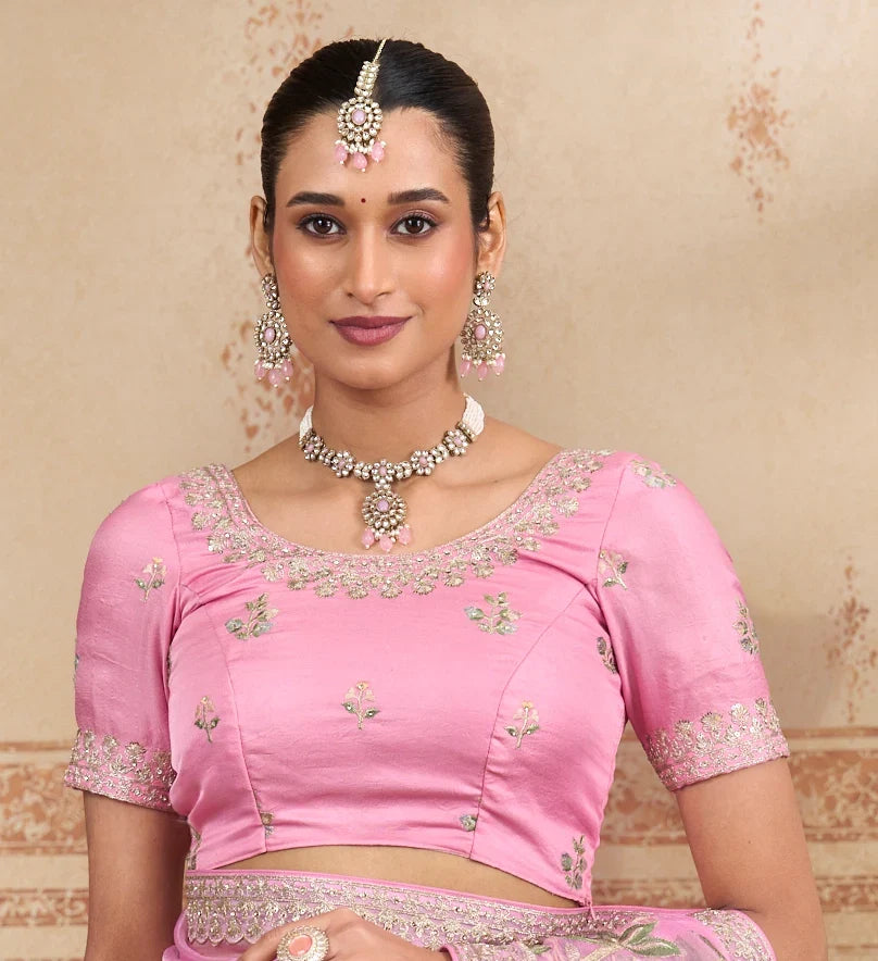 Laxmipati Kurkure Pink Chiffon Embroidered Saree