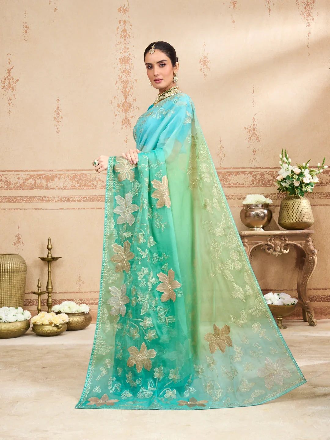 Laxmipati Kurkure Green Tissue Organza Embroidered Saree