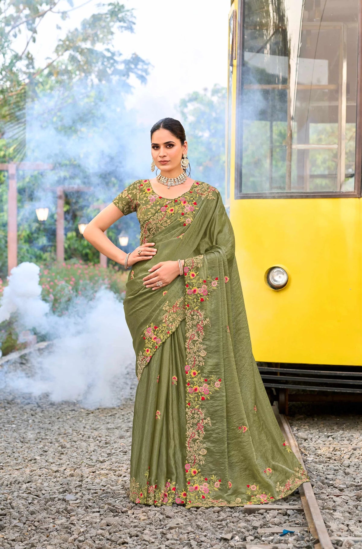 Laxmipati Aarzoo Green Chiffon Embroidered Saree