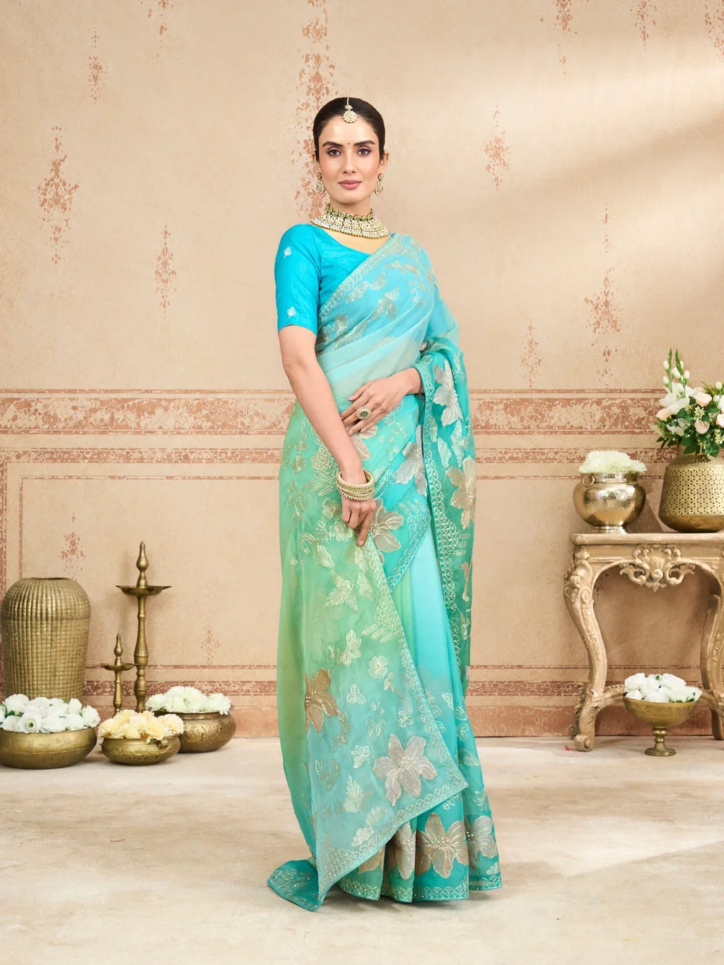 Laxmipati Kurkure Green Tissue Organza Embroidered Saree