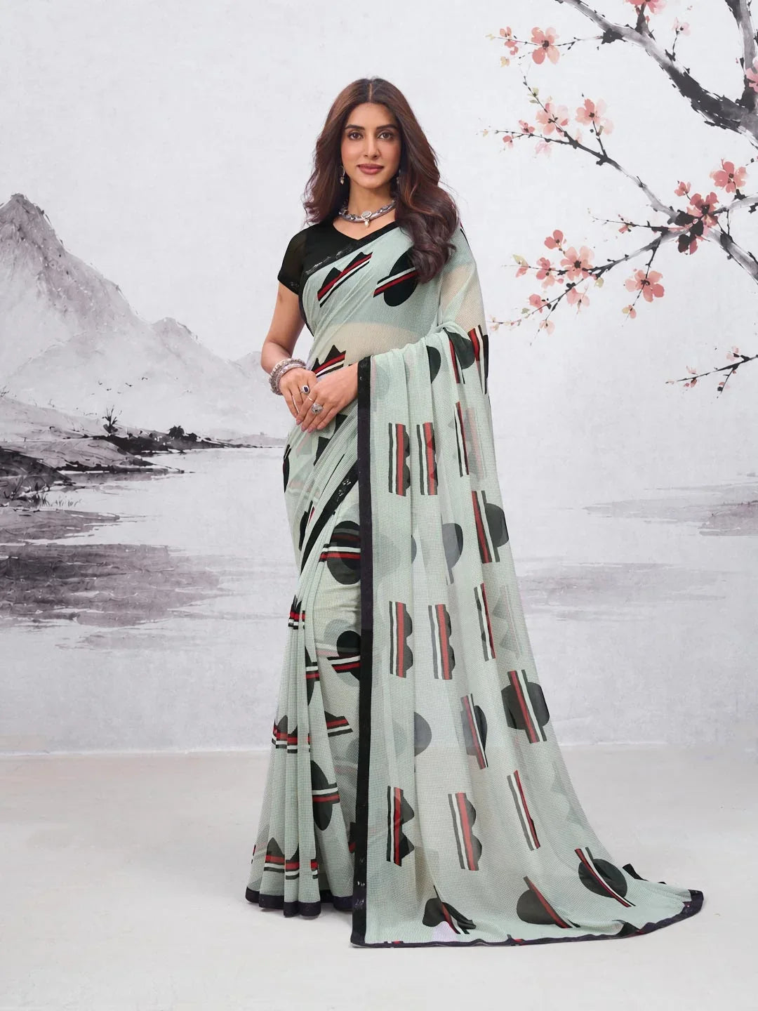 Laxmipati Hasinaa Grey Georgette Geometric Printed Saree