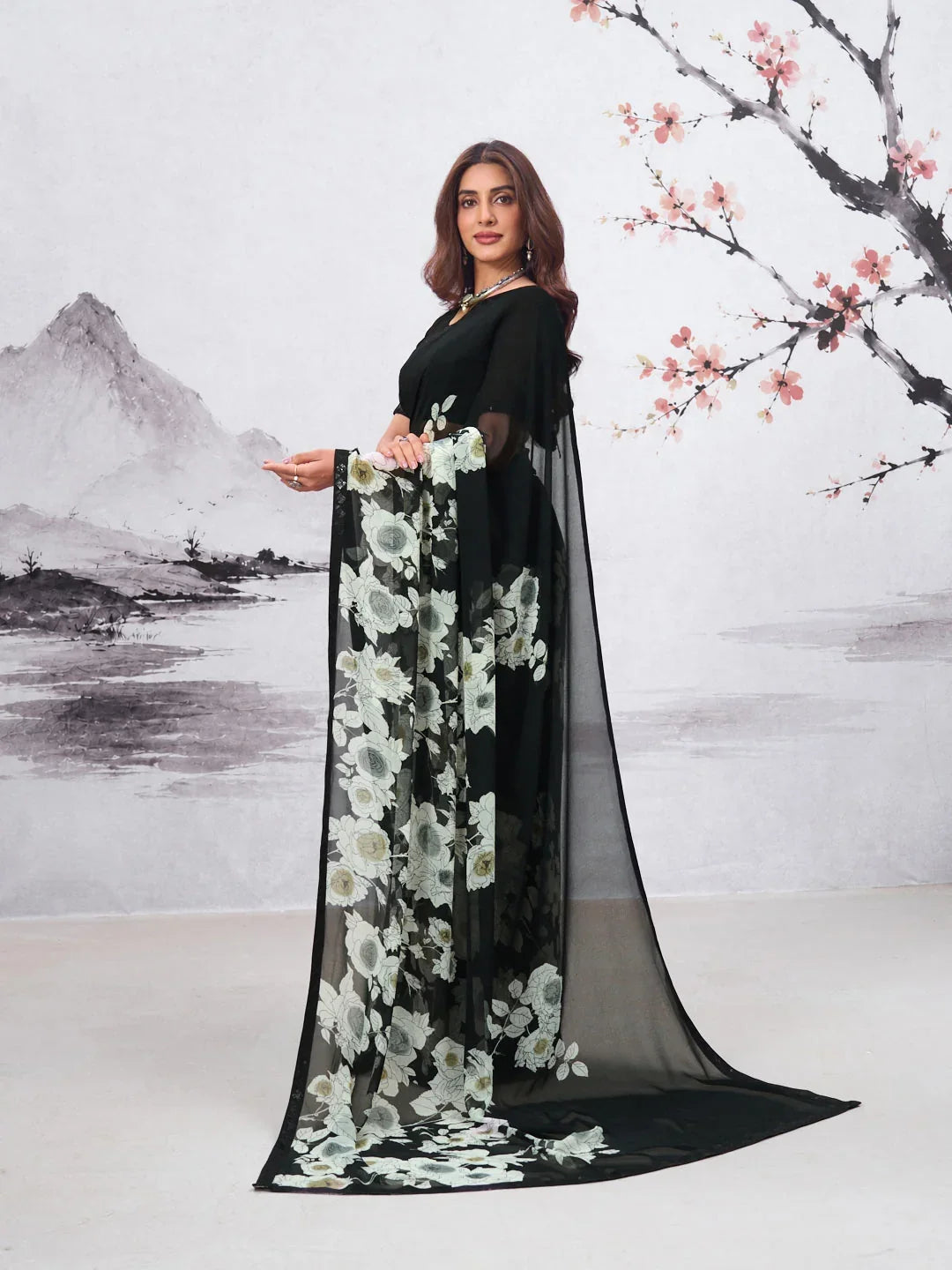 Laxmipati Hasinaa Black Georgette Floral Printed Saree