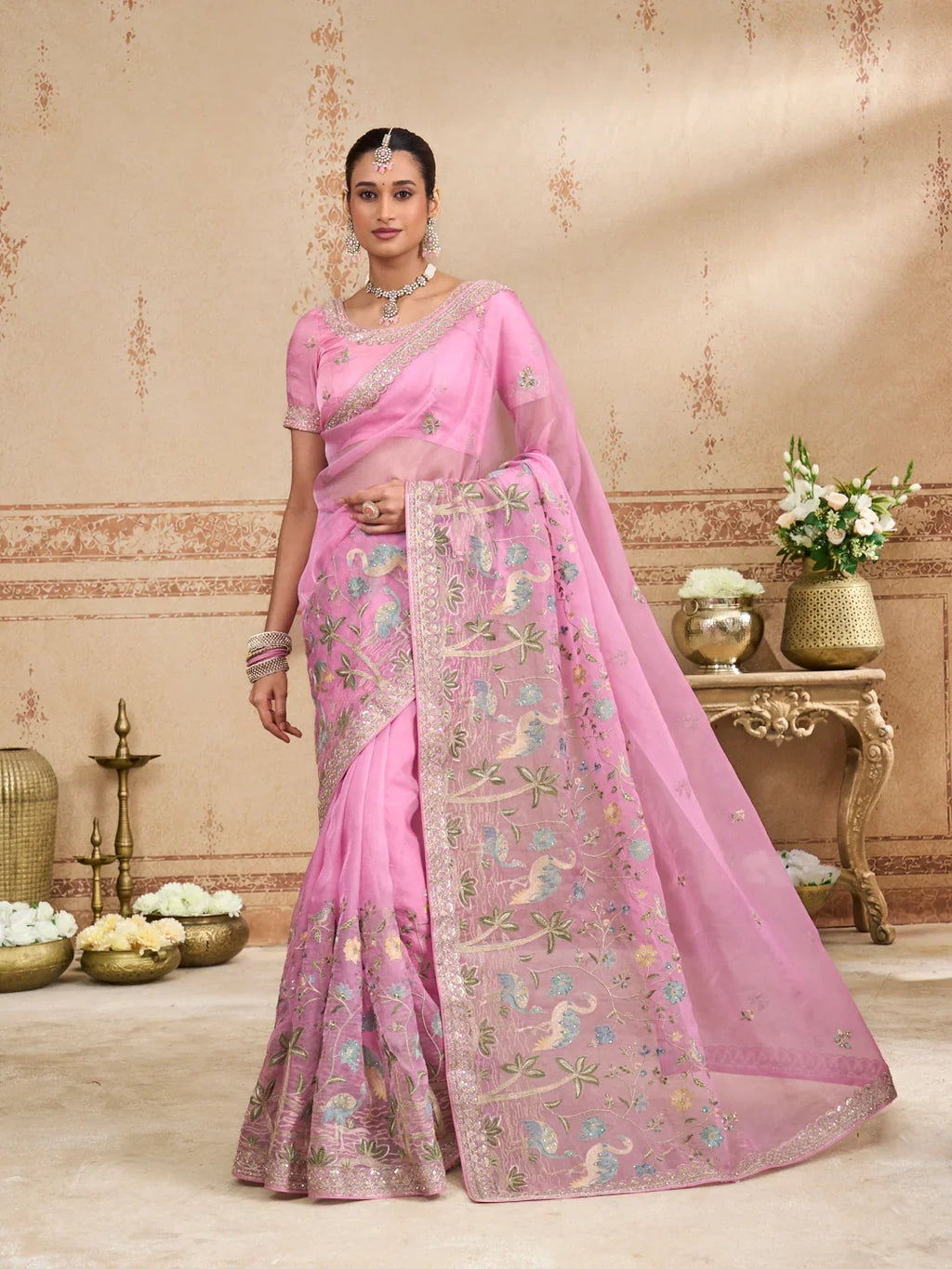 Laxmipati Kurkure Pink Chiffon Embroidered Saree