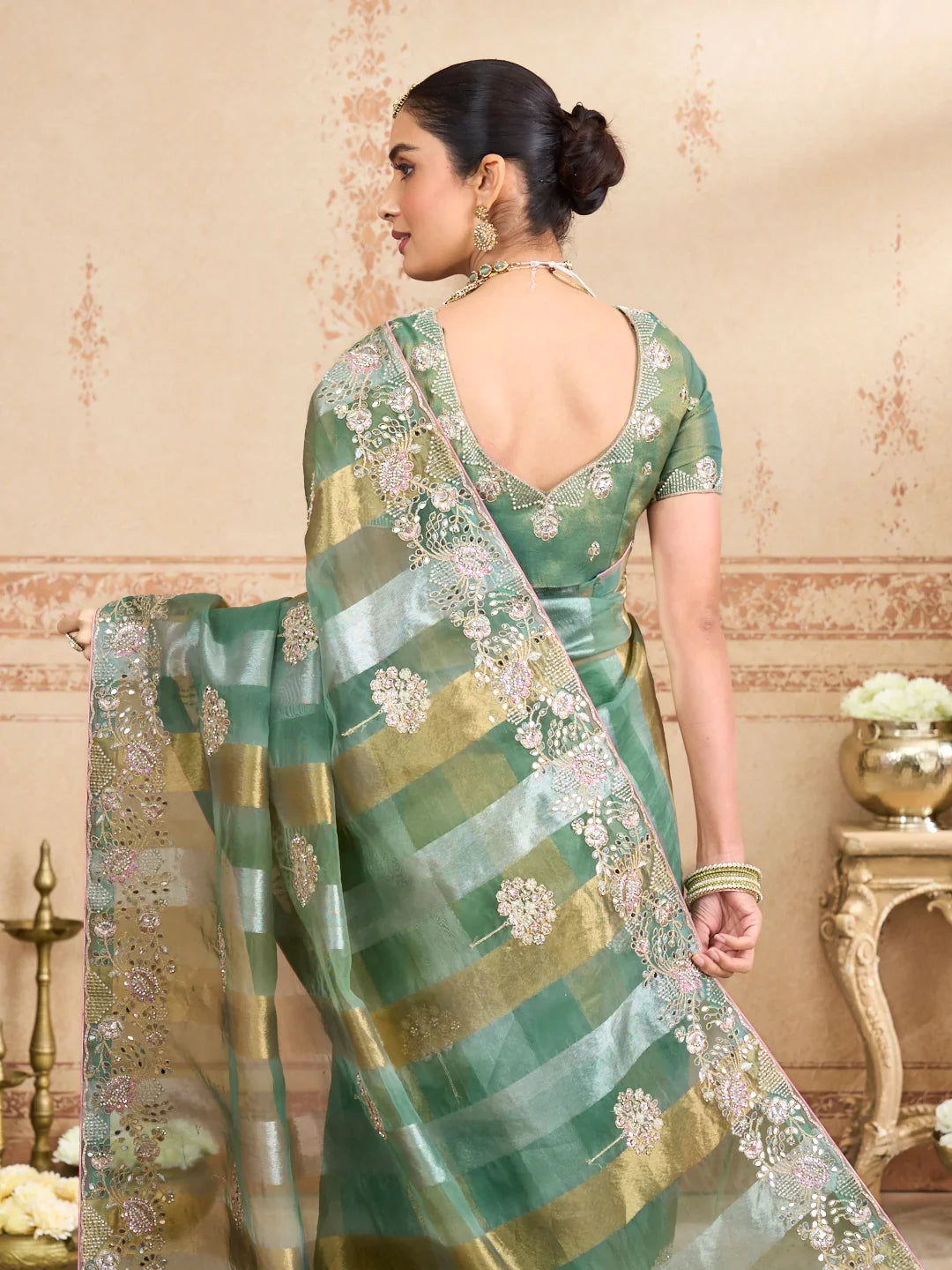 Laxmipati Kurkure Green Tissue Organza Embroidered Saree