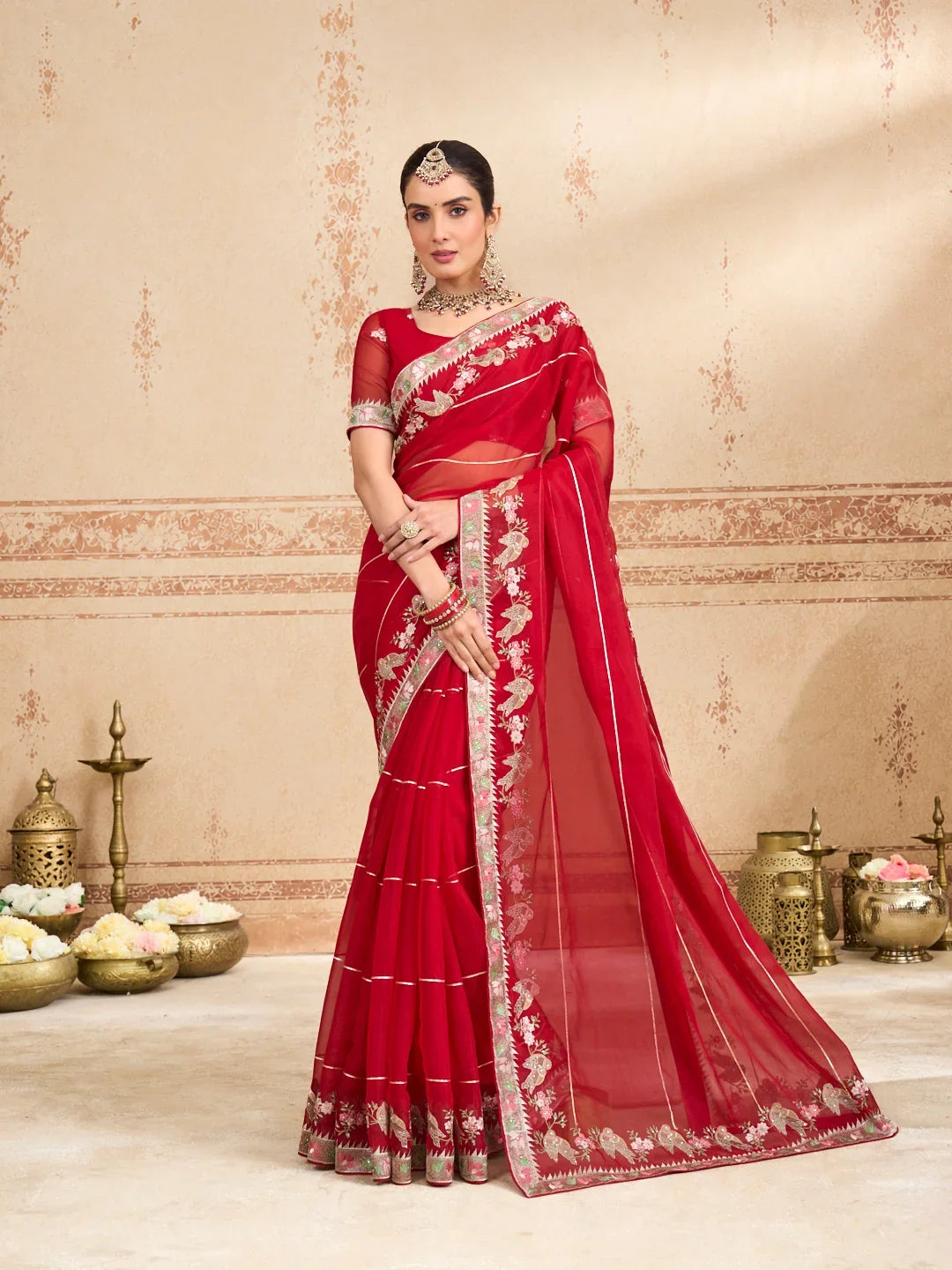 Laxmipati Kurkure Red Tissue Organza Embroidered Saree