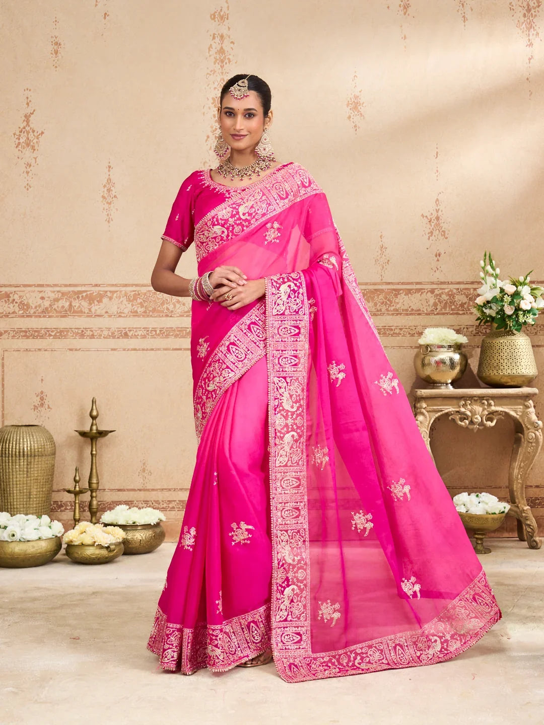 Laxmipati Kurkure Pink Tissue Organza Embroidered Saree