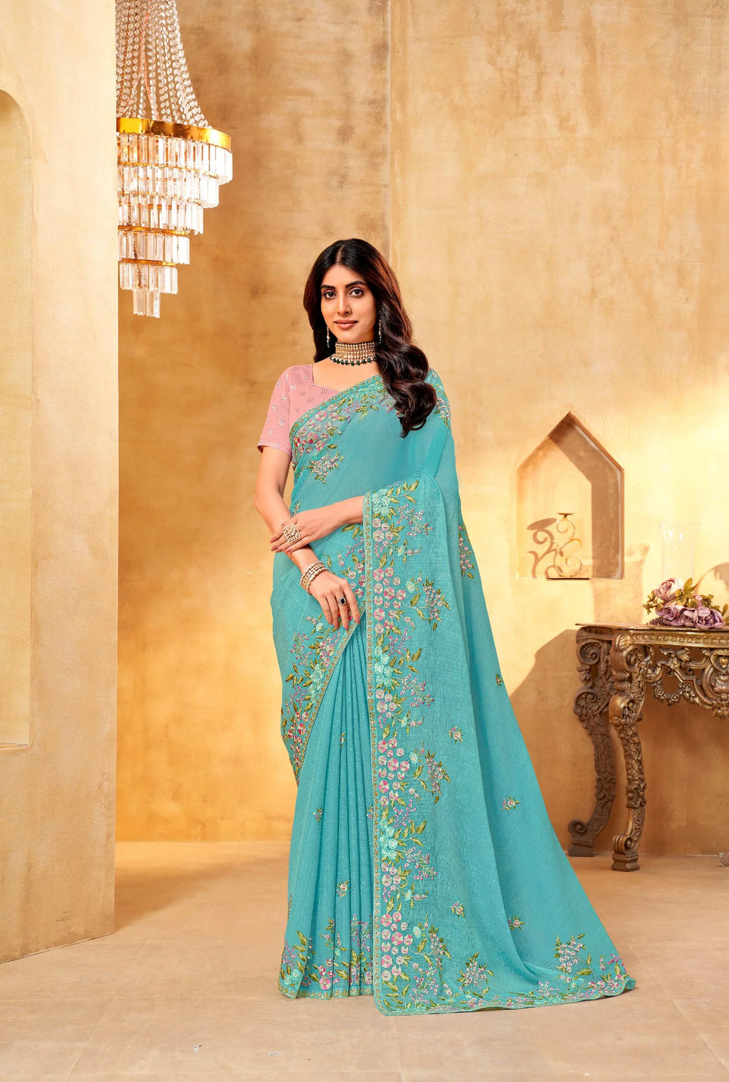 Laxmipati Aarzoo Blue Chiffon Embroidered Saree