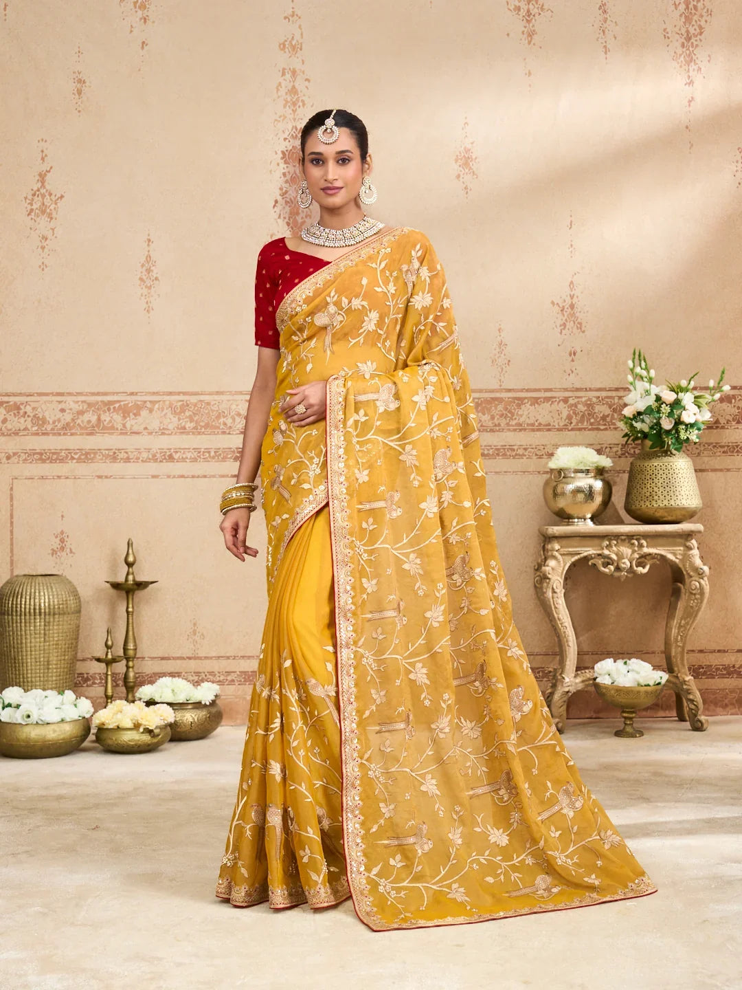 Laxmipati Kurkure Mustard Tissue Organza Embroidered Saree