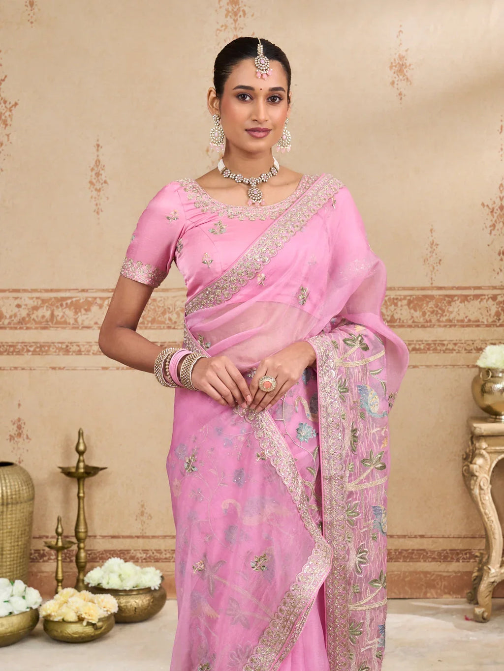 Laxmipati Kurkure Pink Chiffon Embroidered Saree