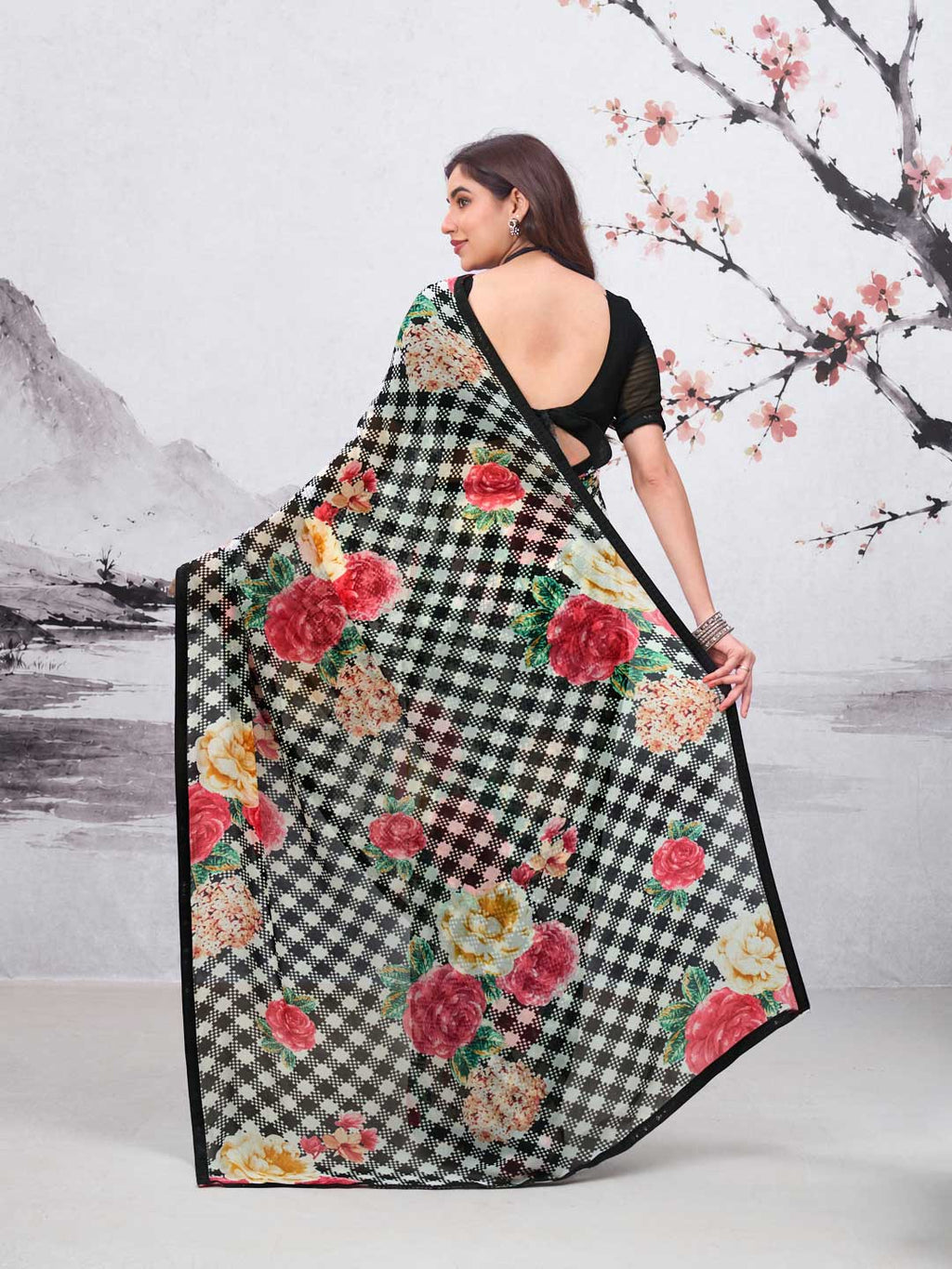 Laxmipati Hasinaa Black Georgette Floral Printed Saree