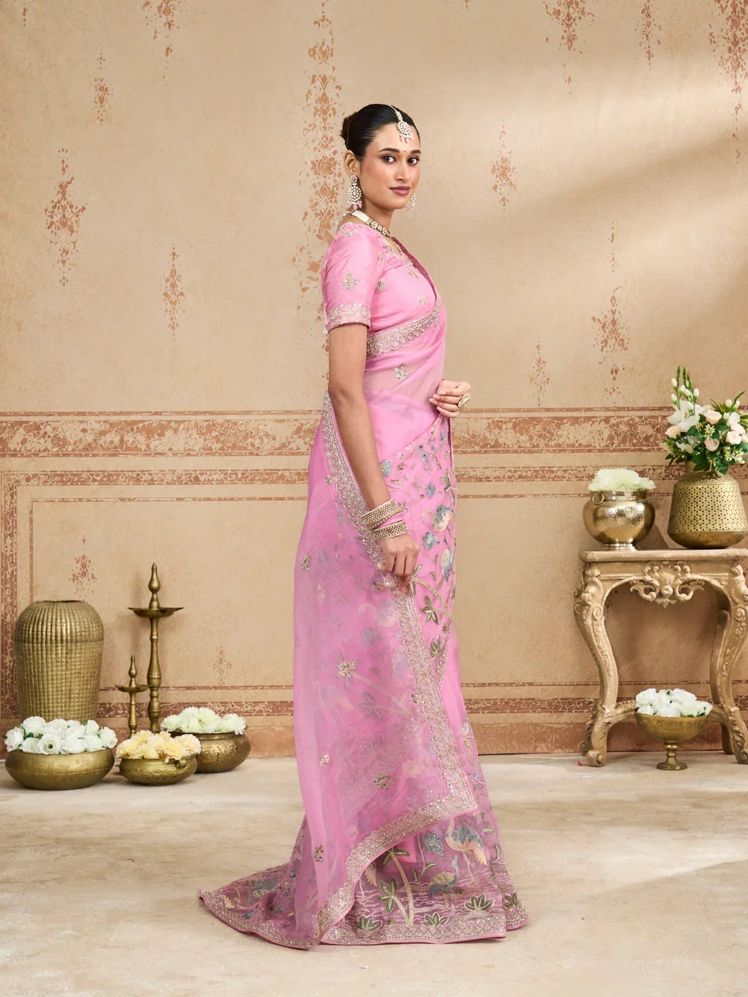Laxmipati Kurkure Pink Chiffon Embroidered Saree