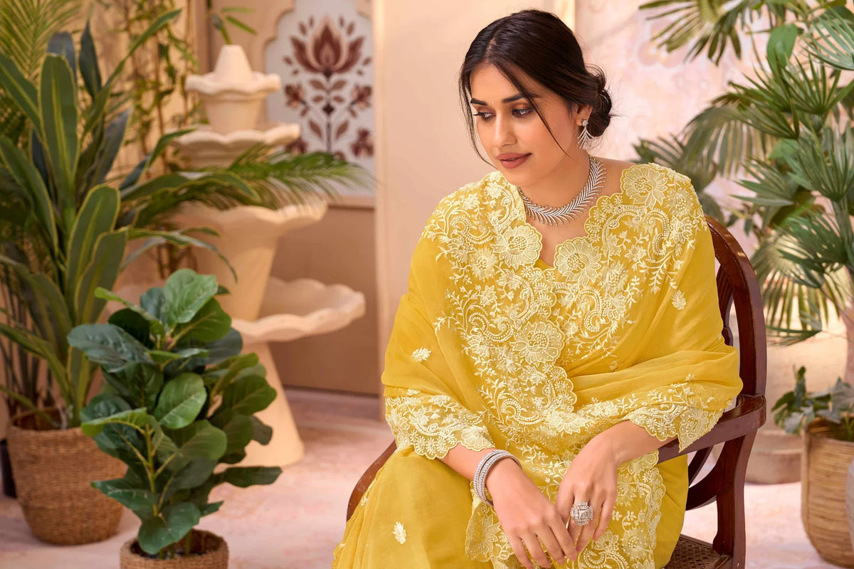 Laxmipati Aarzoo Yellow Chiffon Embroidered Saree
