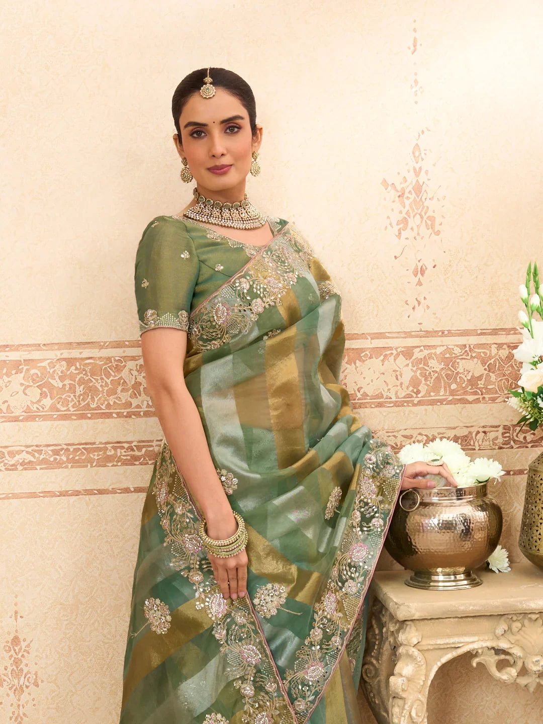 Laxmipati Kurkure Green Tissue Organza Embroidered Saree
