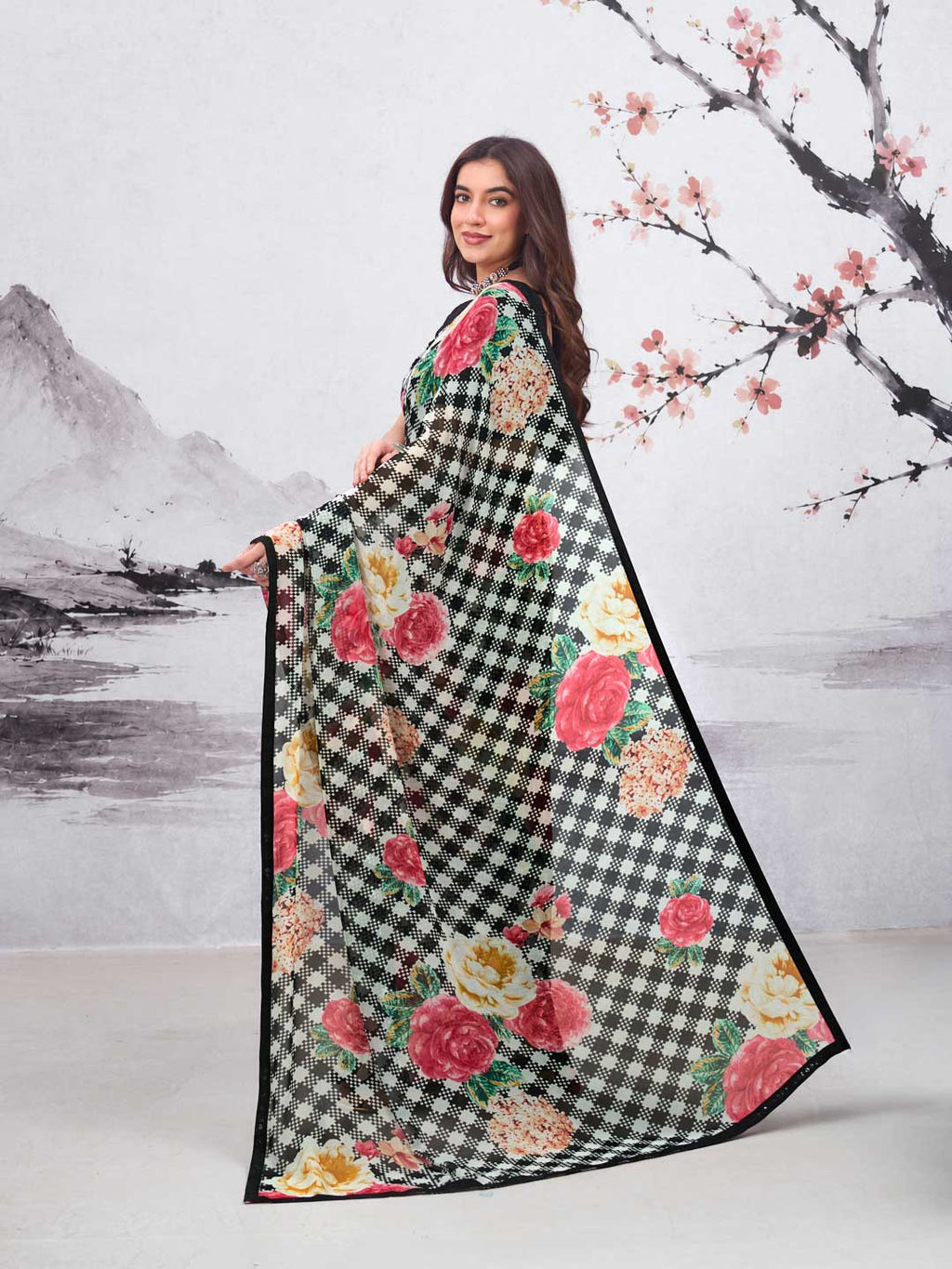 Laxmipati Hasinaa Black Georgette Floral Printed Saree