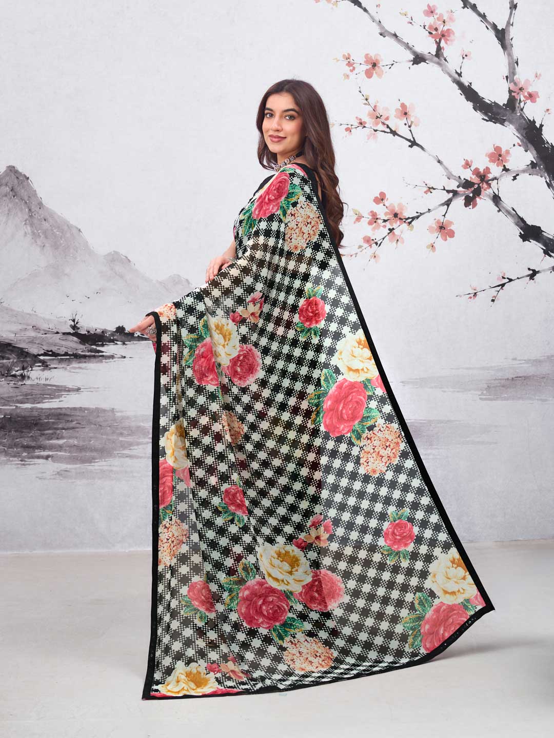 Laxmipati Hasinaa Black Georgette Floral Printed Saree