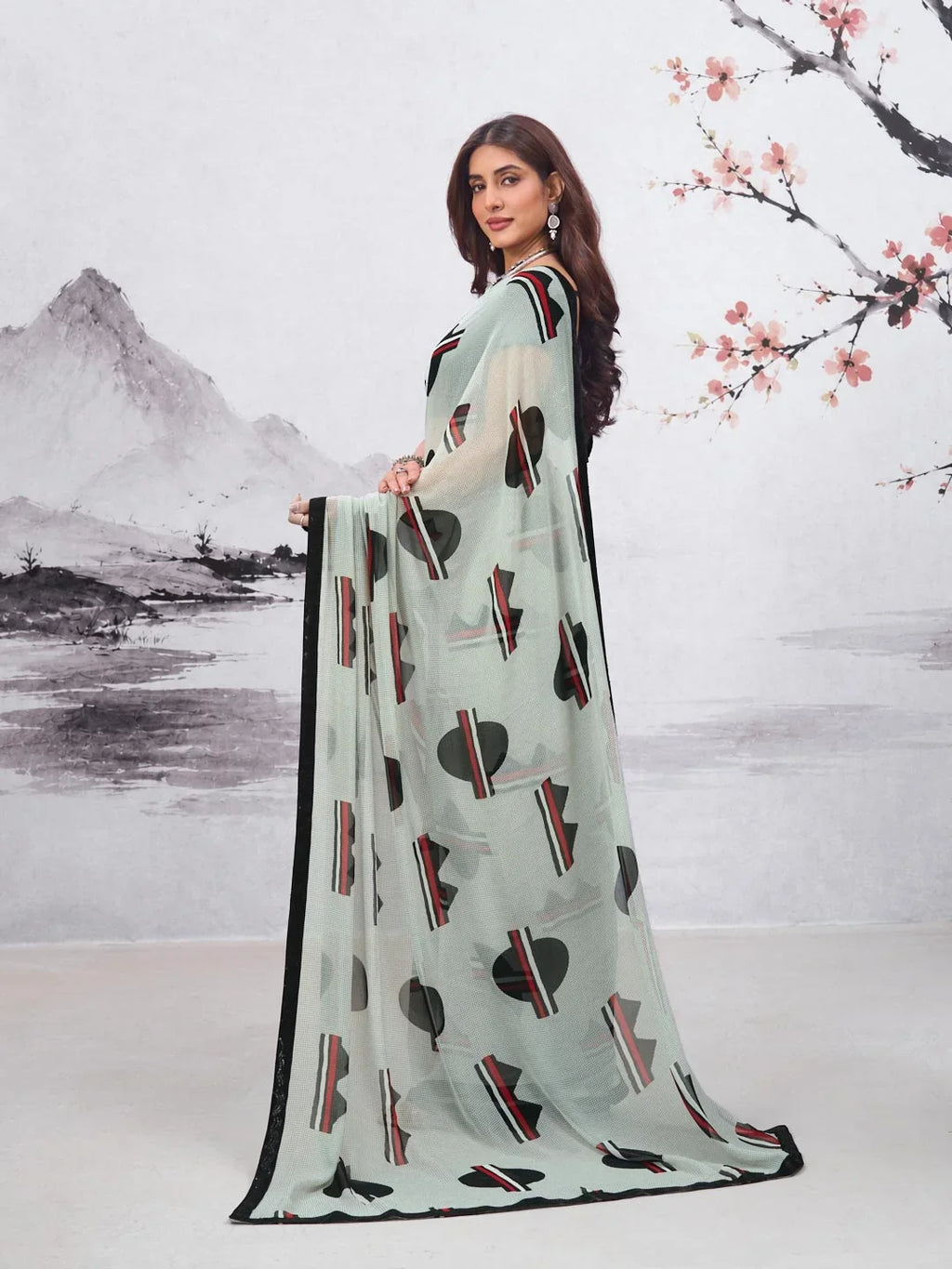Laxmipati Hasinaa Grey Georgette Geometric Printed Saree