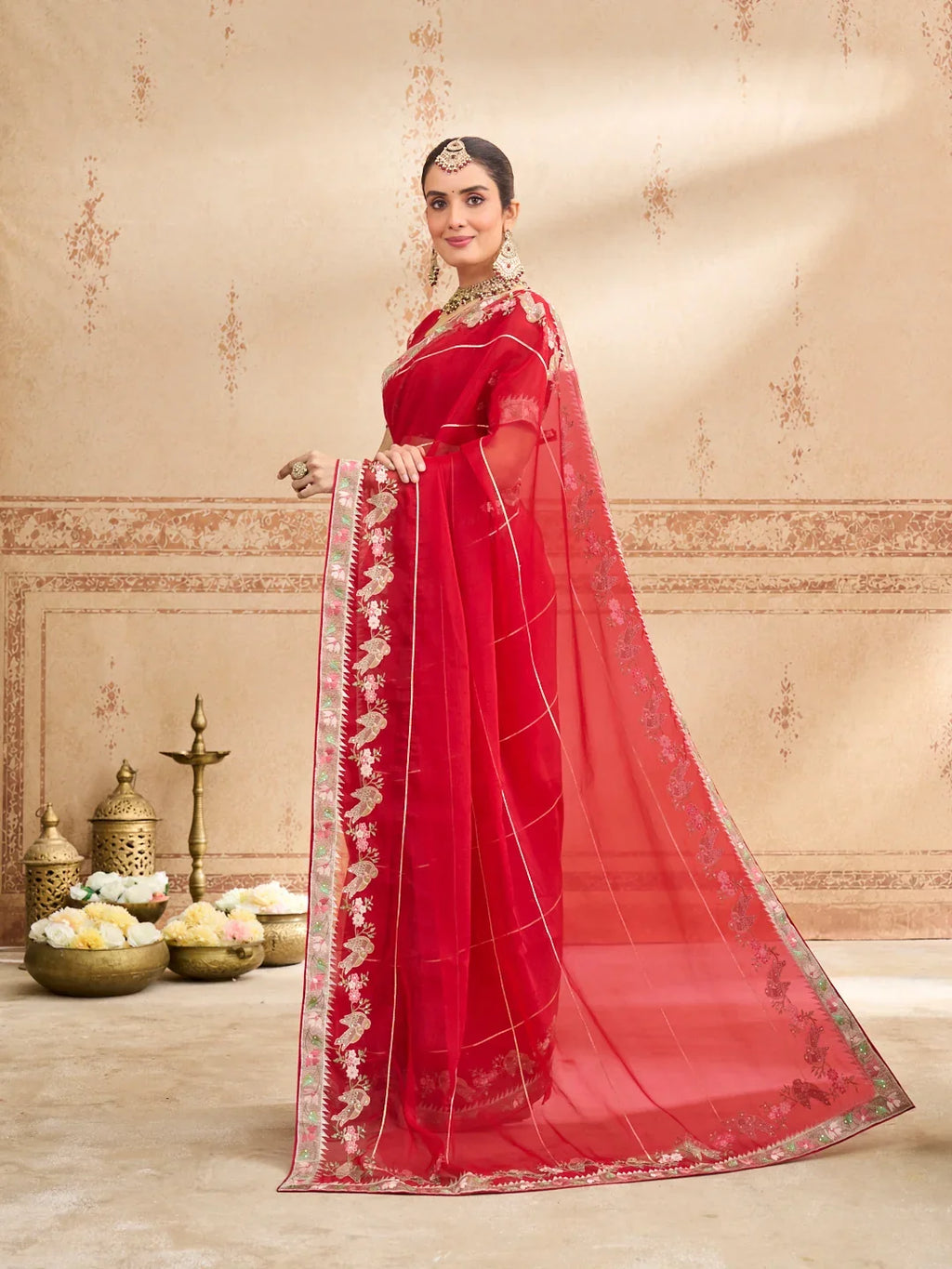 Laxmipati Kurkure Red Tissue Organza Embroidered Saree