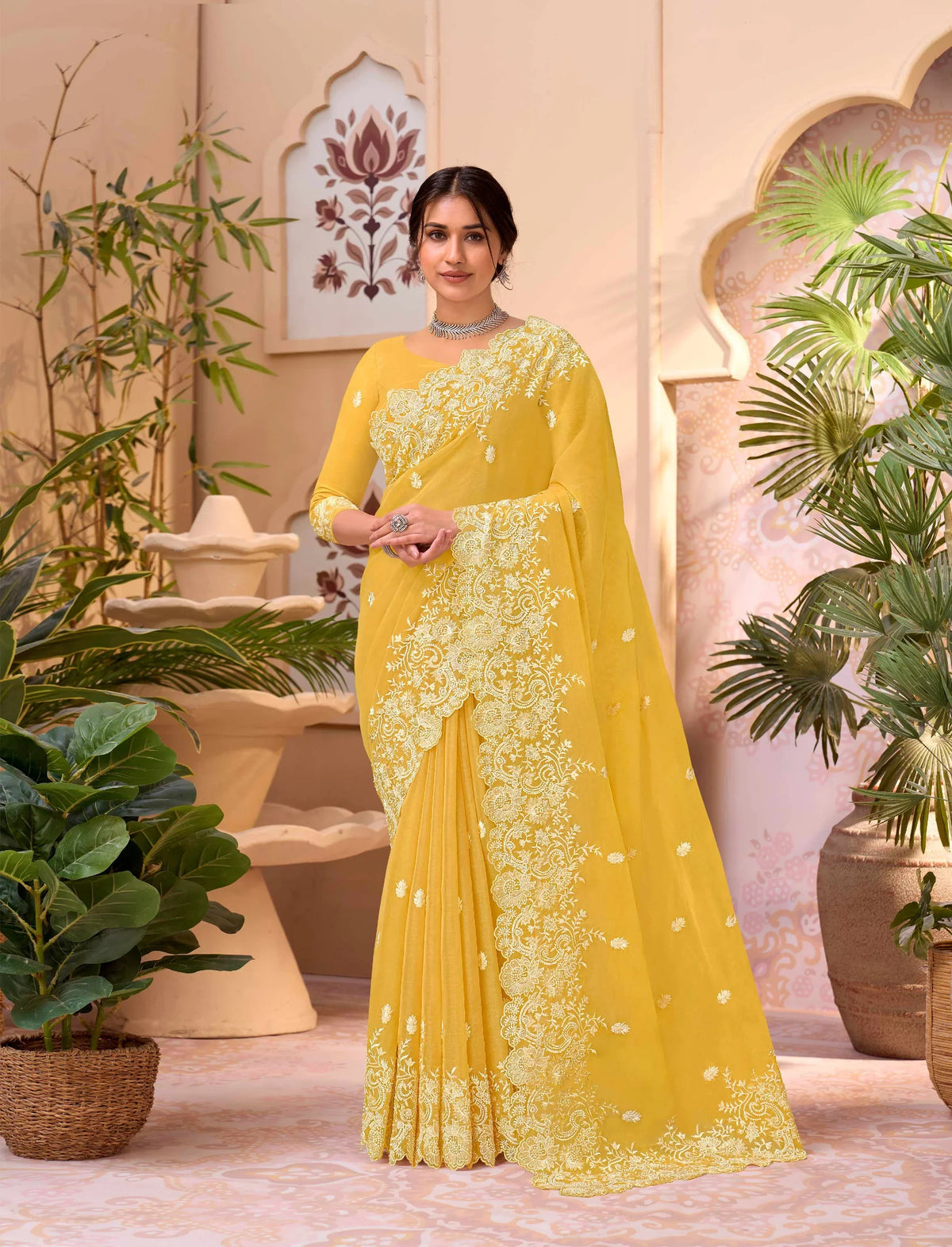 Laxmipati Aarzoo Yellow Chiffon Embroidered Saree