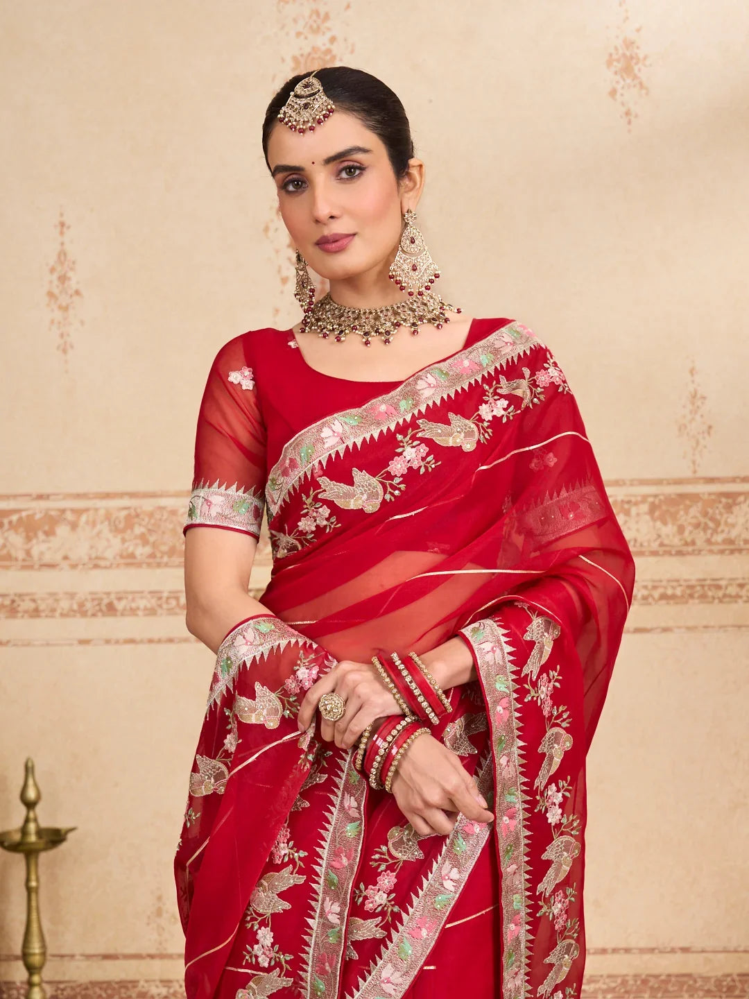 Laxmipati Kurkure Red Tissue Organza Embroidered Saree