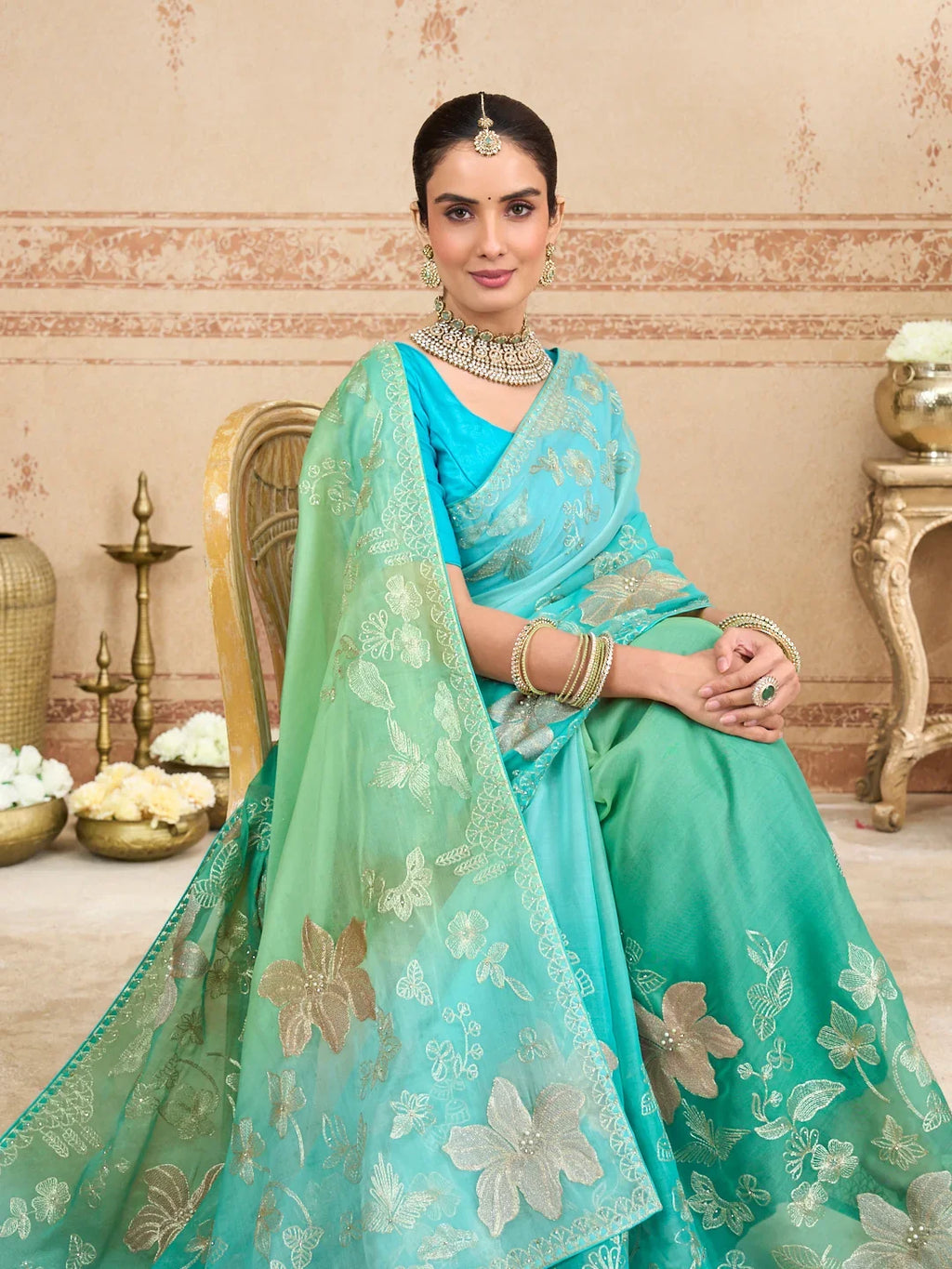 Laxmipati Kurkure Green Tissue Organza Embroidered Saree