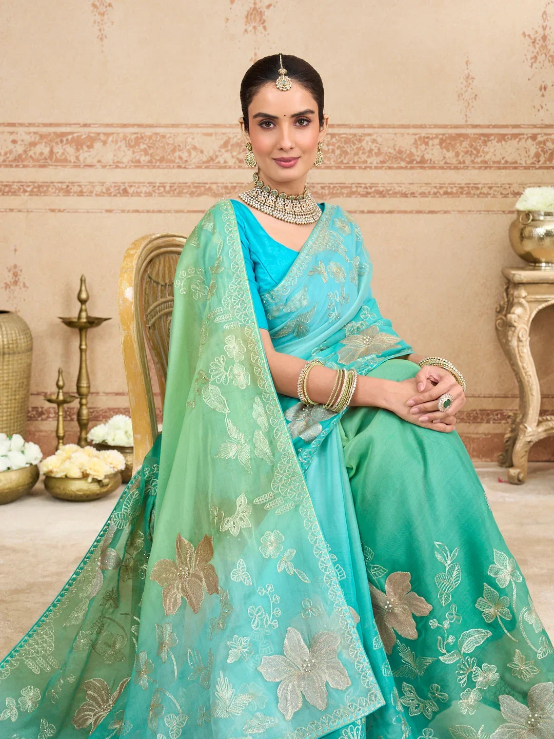 Laxmipati Kurkure Green Tissue Organza Embroidered Saree