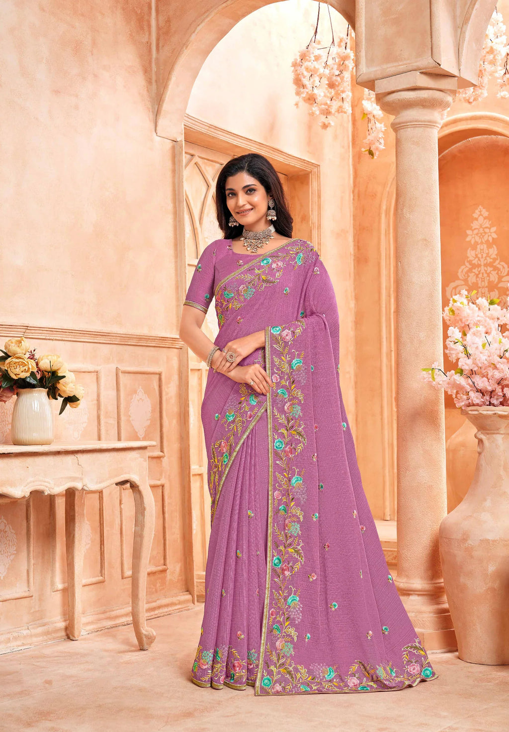 Laxmipati Aarzoo Purple Chiffon Embroidered Saree