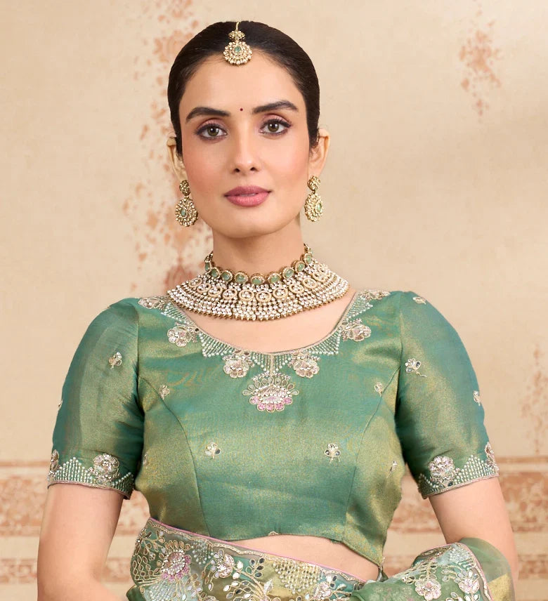 Laxmipati Kurkure Green Tissue Organza Embroidered Saree