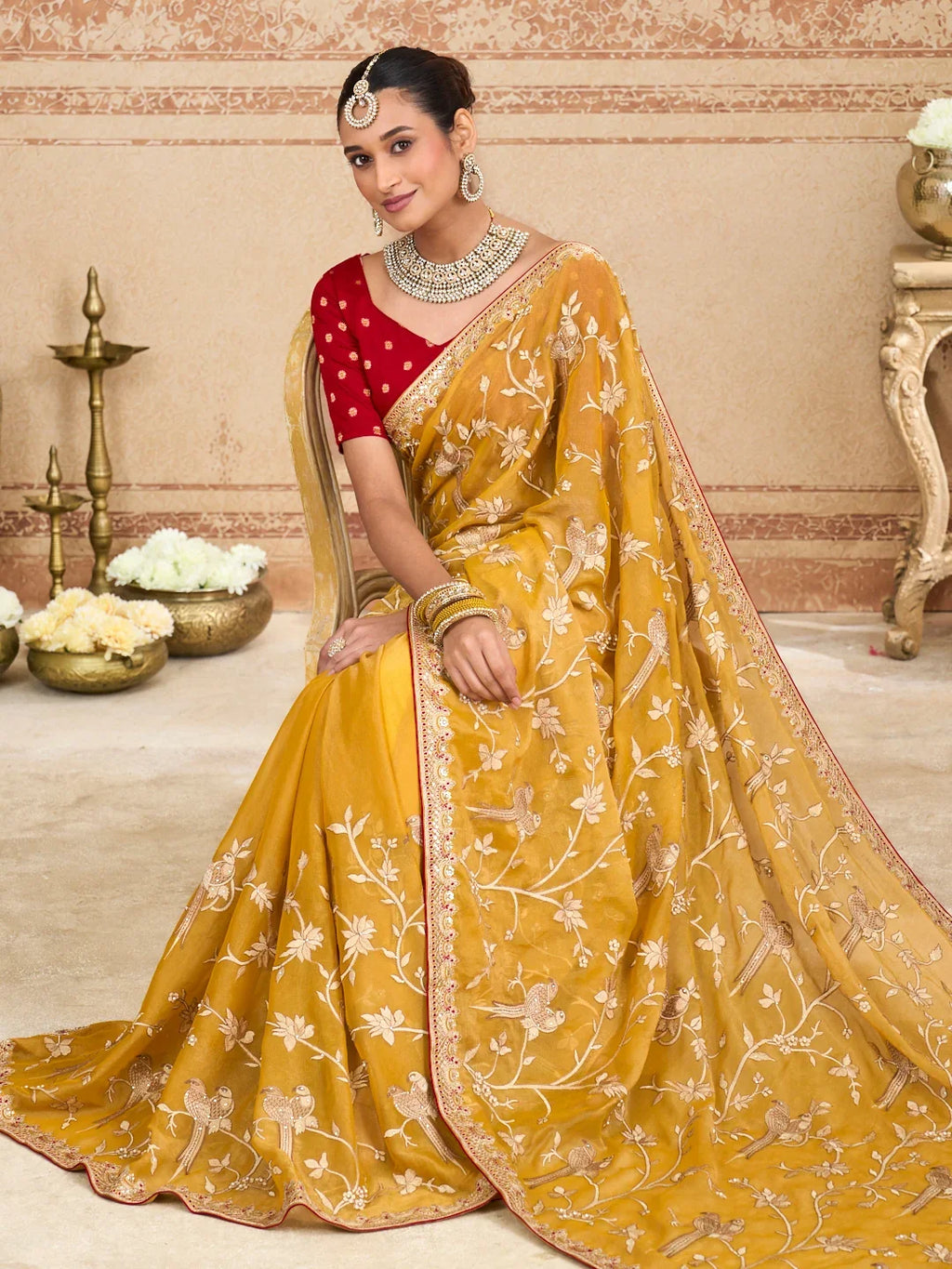 Laxmipati Kurkure Mustard Tissue Organza Embroidered Saree