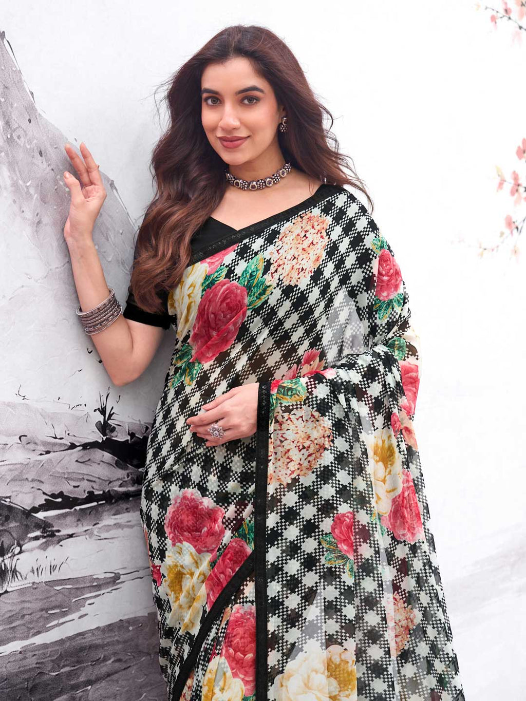 Laxmipati Hasinaa Black Georgette Floral Printed Saree