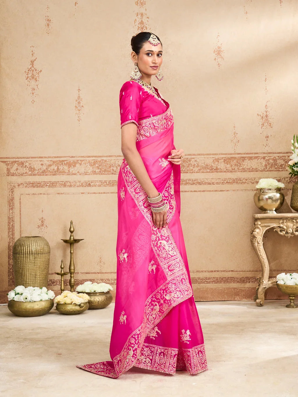 Laxmipati Kurkure Pink Tissue Organza Embroidered Saree