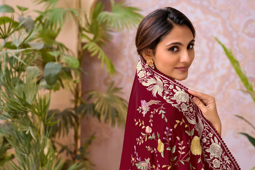 Laxmipati Aarzoo Maroon Chiffon Embroidered Saree
