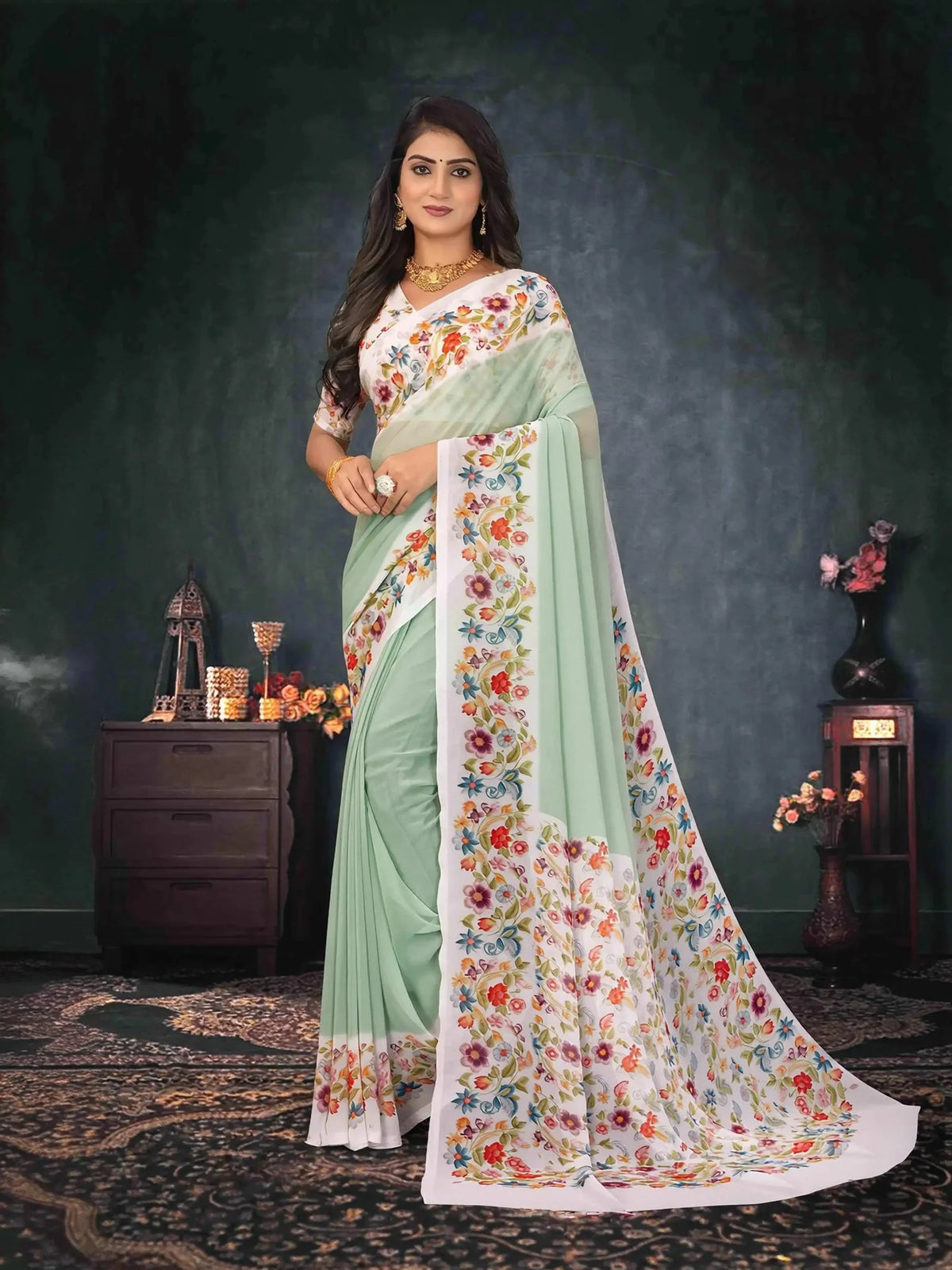 Laxmipati Green Georgette Floral Printed Saree