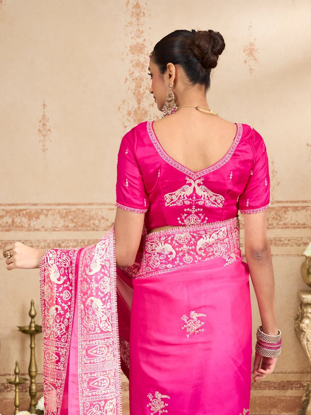 Laxmipati Kurkure Pink Tissue Organza Embroidered Saree