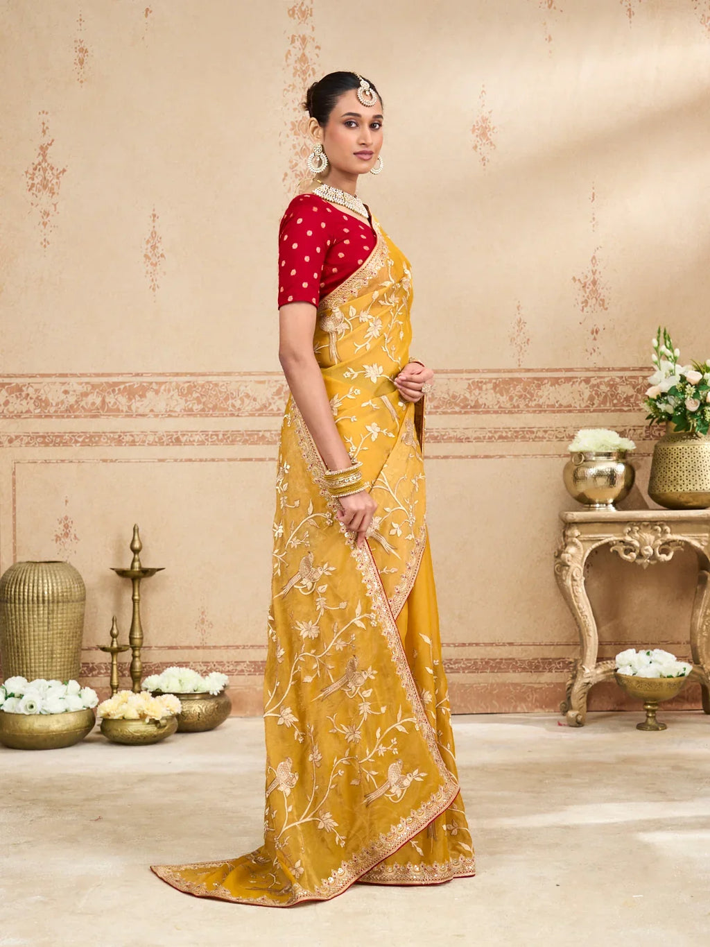 Laxmipati Kurkure Mustard Tissue Organza Embroidered Saree