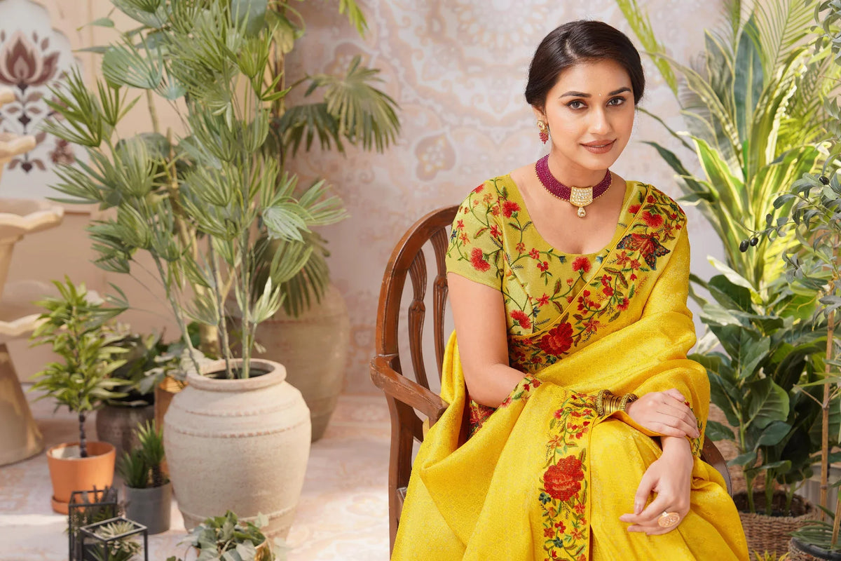 Laxmipati Aarzoo Yellow Chiffon Embroidered Saree