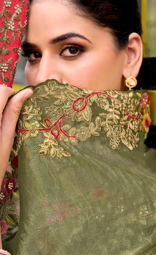Laxmipati Aarzoo Green Chiffon Embroidered Saree