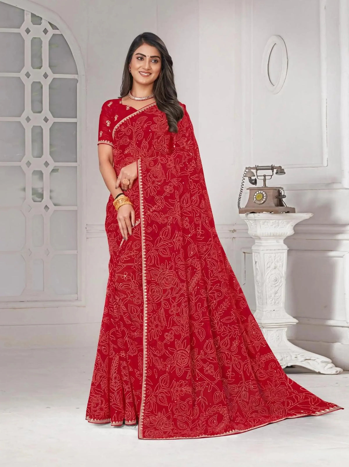 Laxmipati Red Chiffon Printed Saree