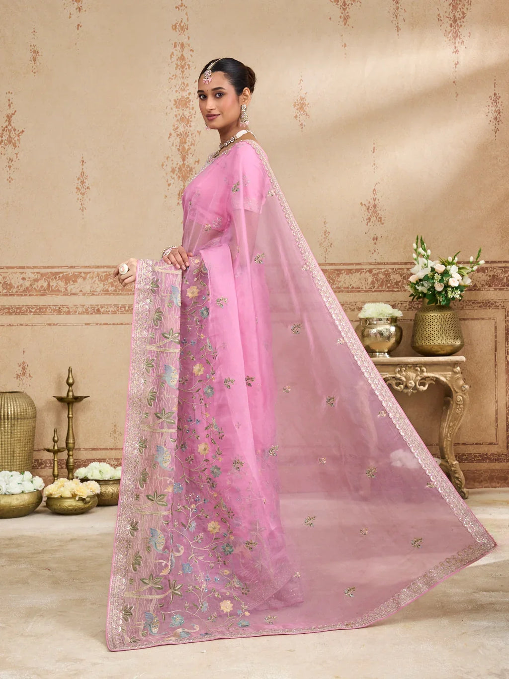 Laxmipati Kurkure Pink Chiffon Embroidered Saree