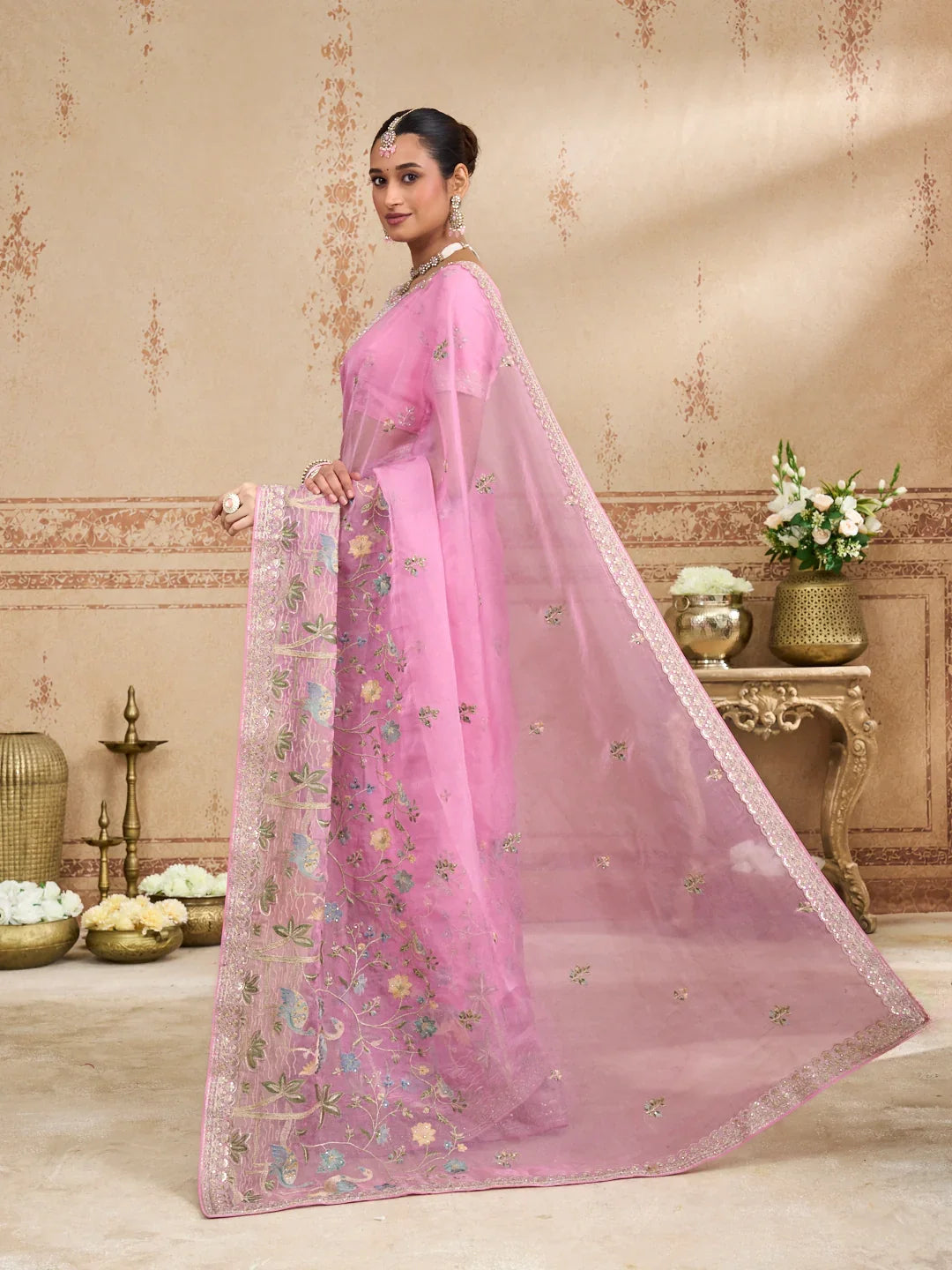 Laxmipati Kurkure Pink Chiffon Embroidered Saree