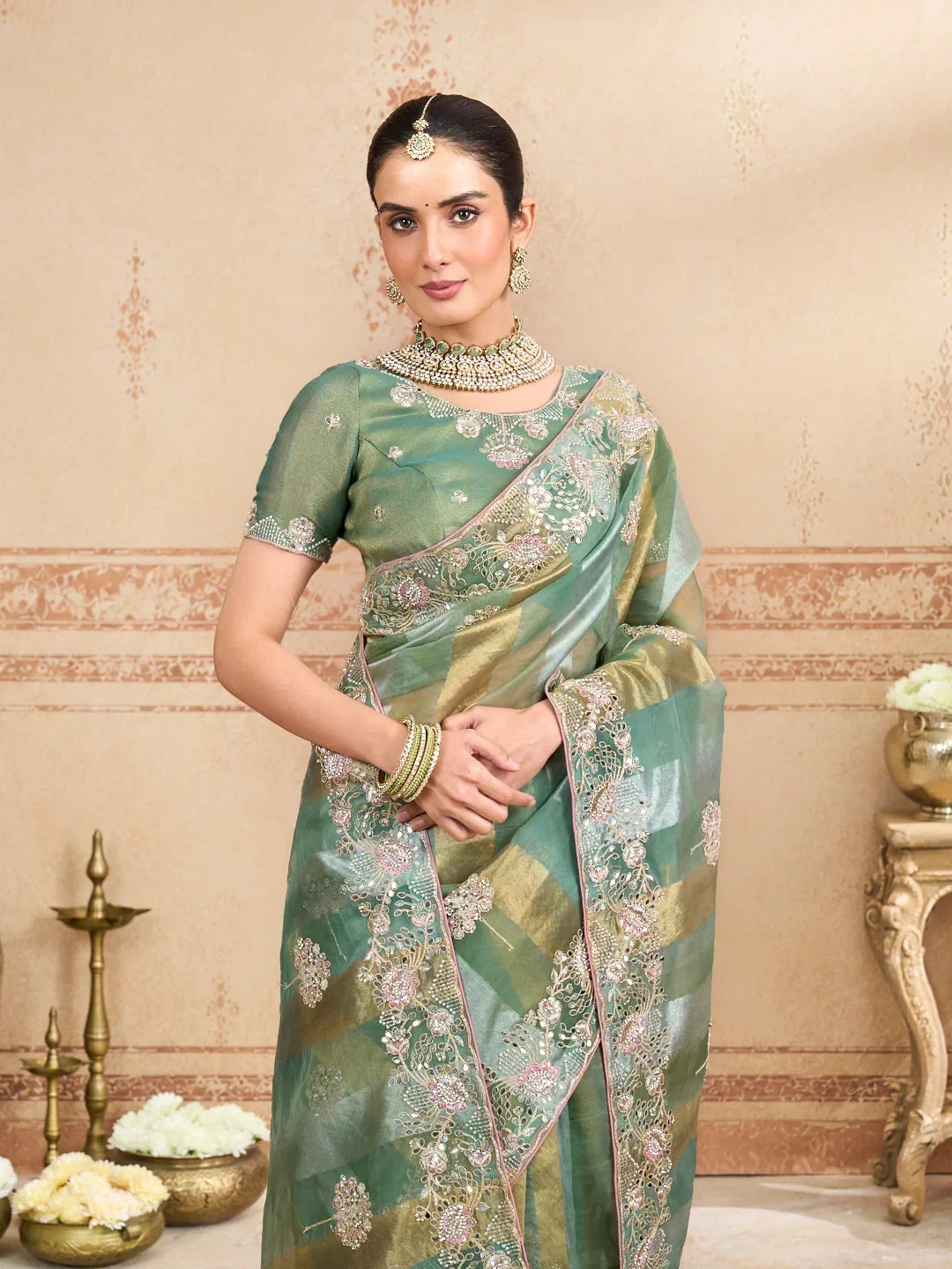 Laxmipati Kurkure Green Tissue Organza Embroidered Saree