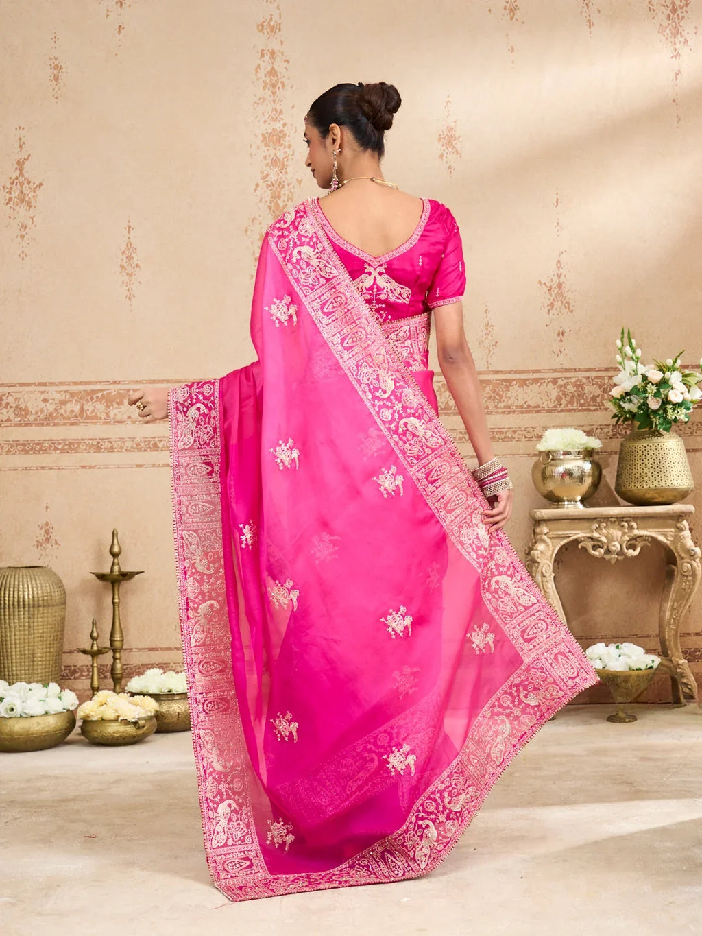Laxmipati Kurkure Pink Tissue Organza Embroidered Saree