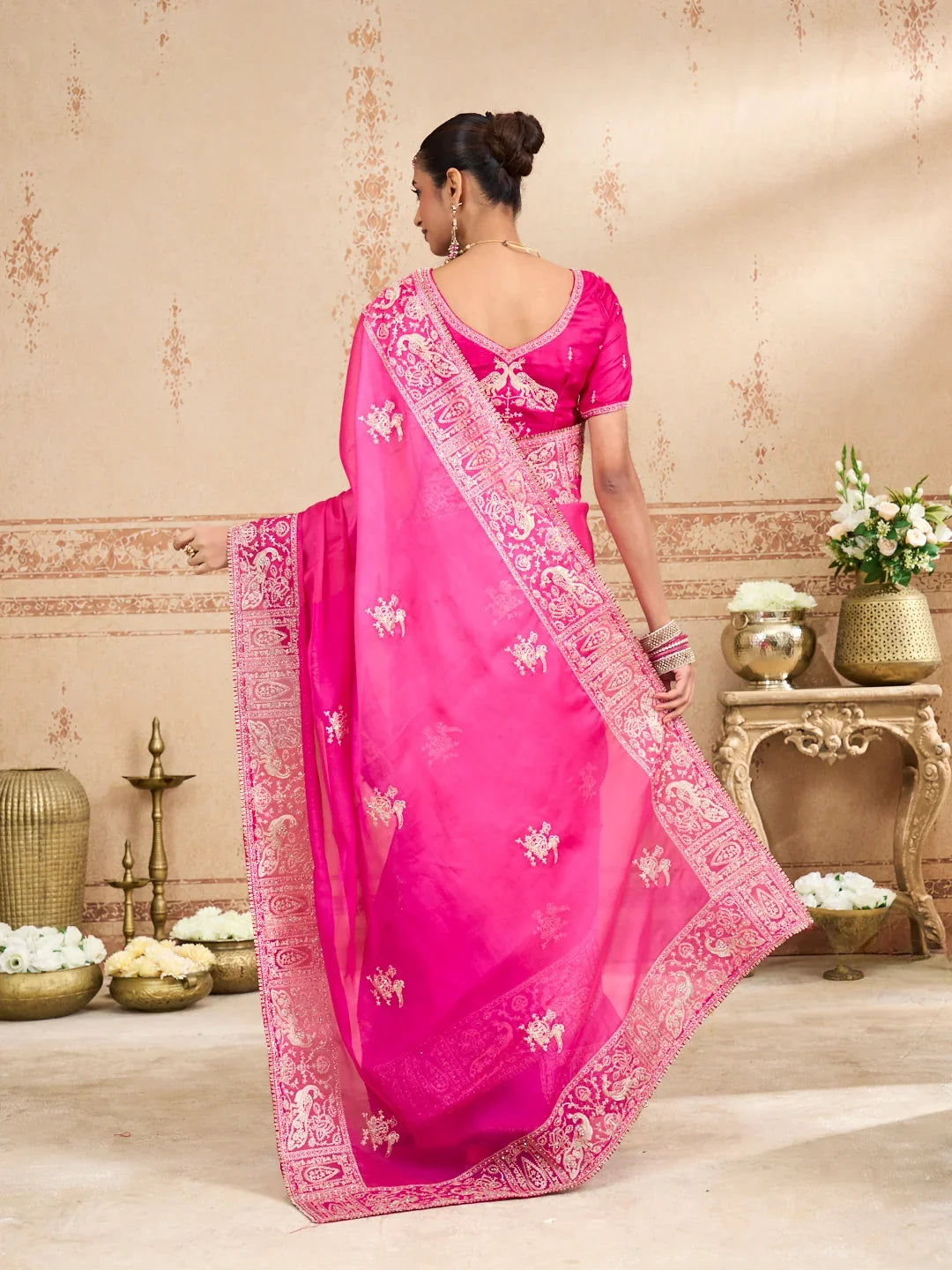 Laxmipati Kurkure Pink Tissue Organza Embroidered Saree