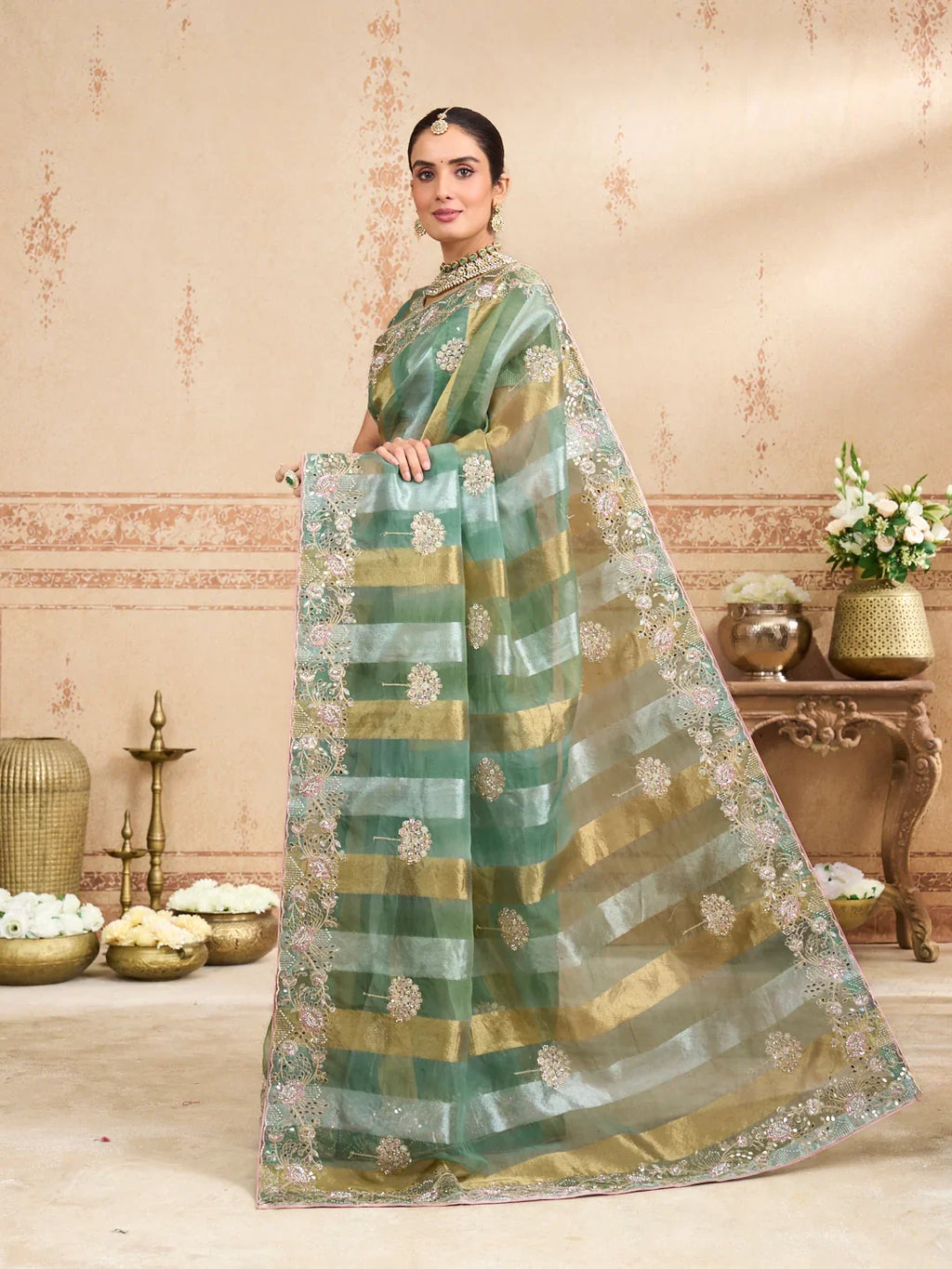 Laxmipati Kurkure Green Tissue Organza Embroidered Saree