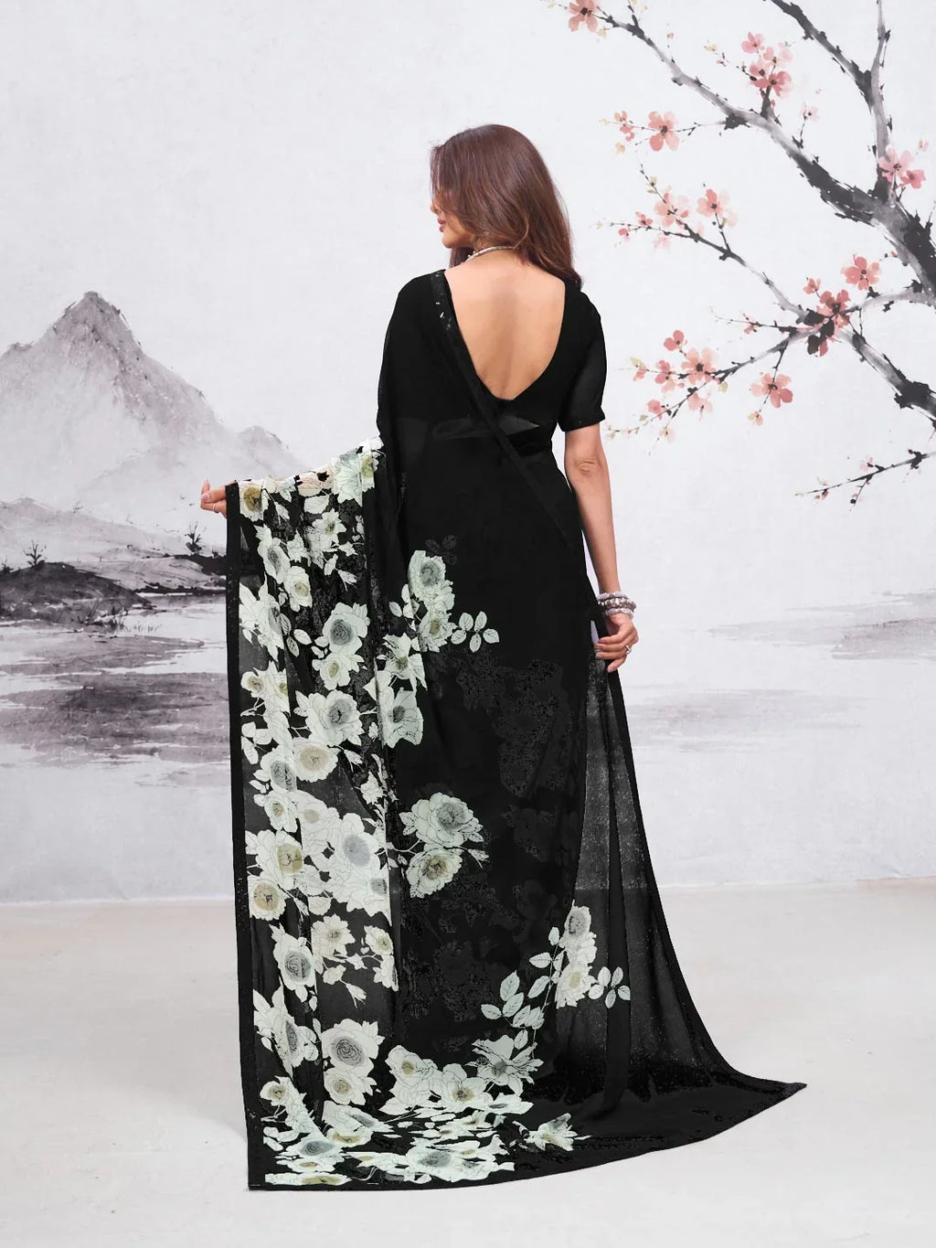 Laxmipati Hasinaa Black Georgette Floral Printed Saree