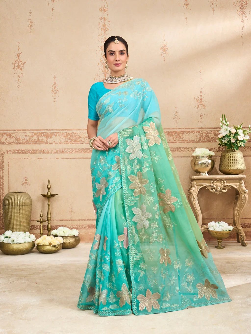 Laxmipati Kurkure Green Tissue Organza Embroidered Saree