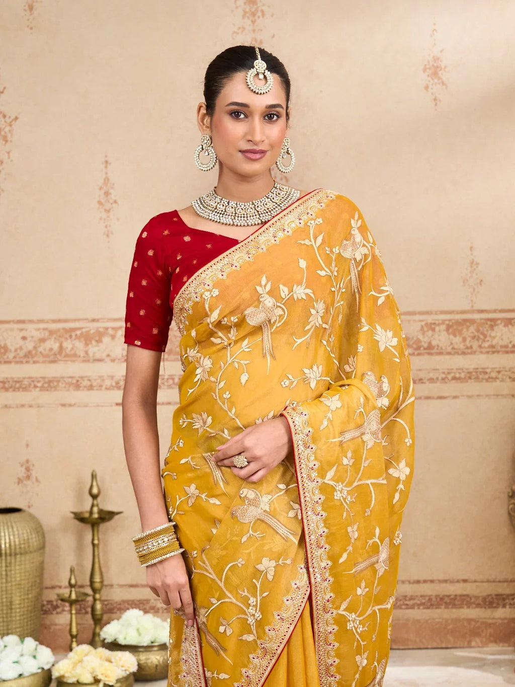 Laxmipati Kurkure Mustard Tissue Organza Embroidered Saree