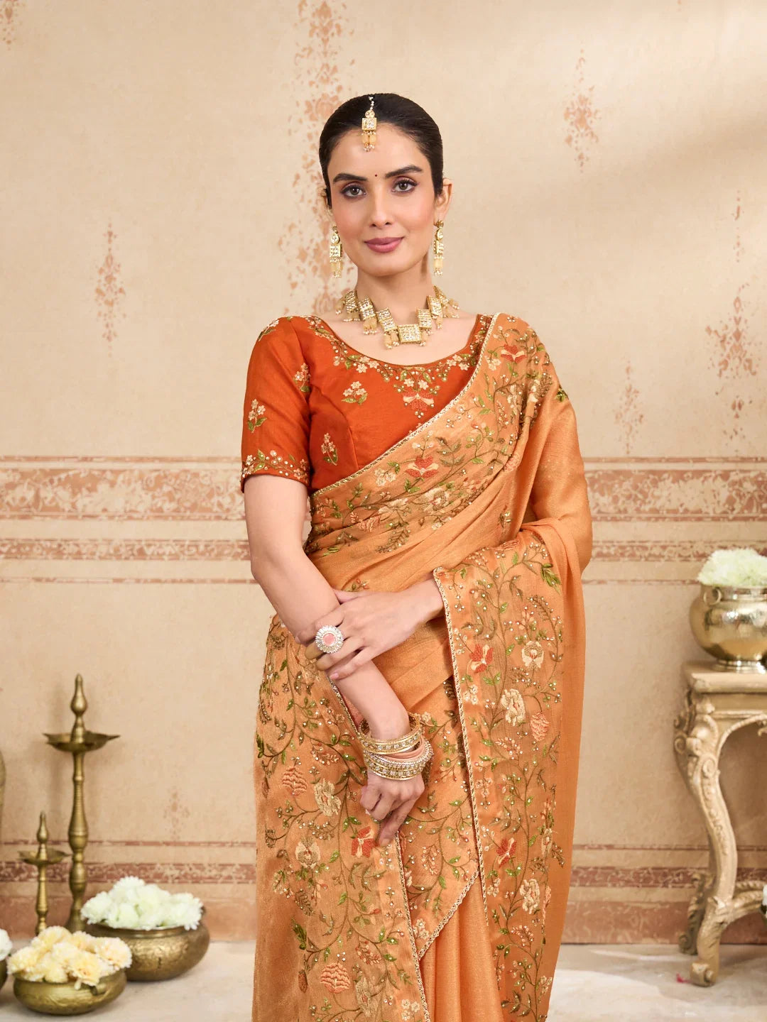 Laxmipati Kurkure Orange Silk Blend Embroidered Saree